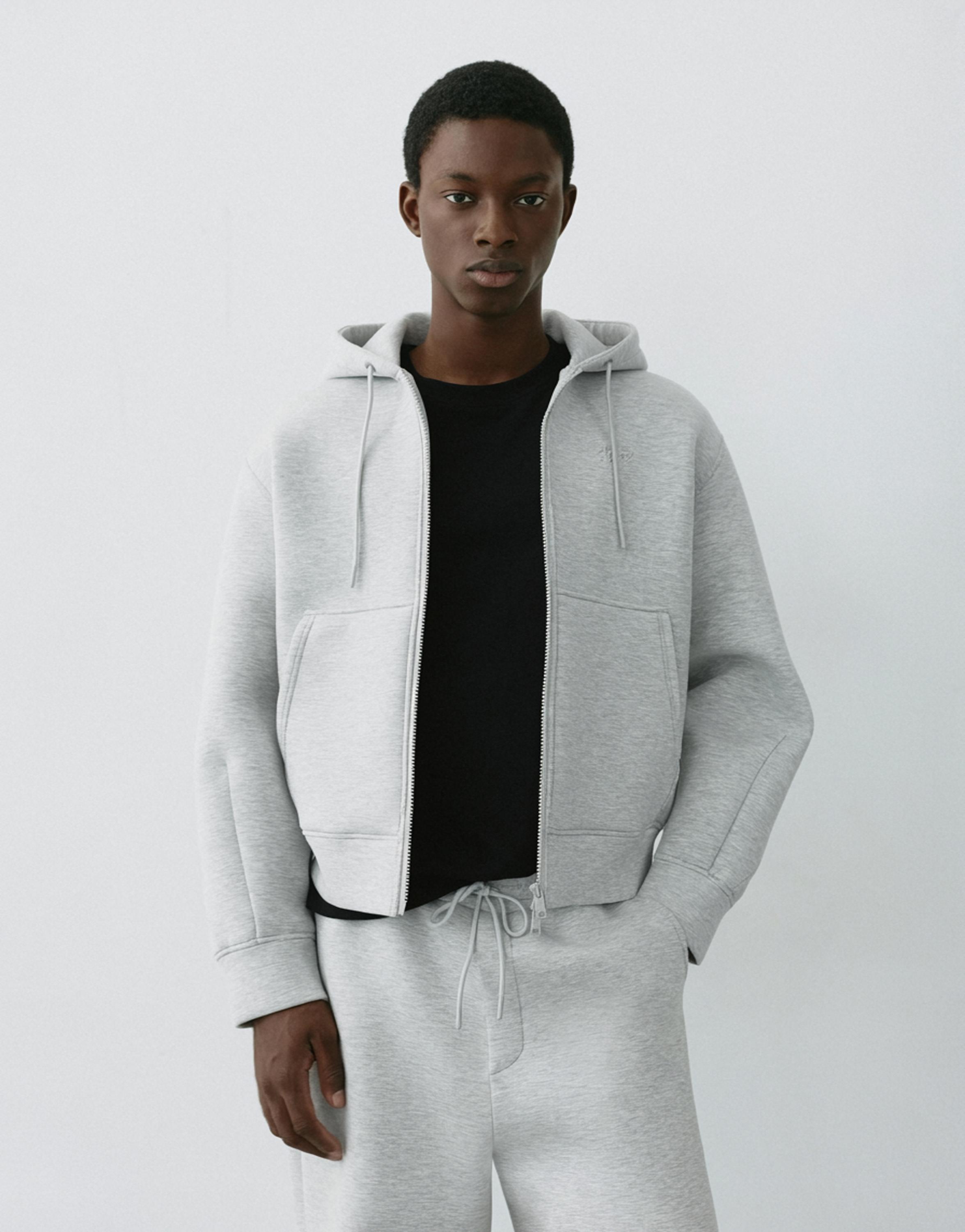 Neoprene-effect zip-up hoodie — Grey marl
