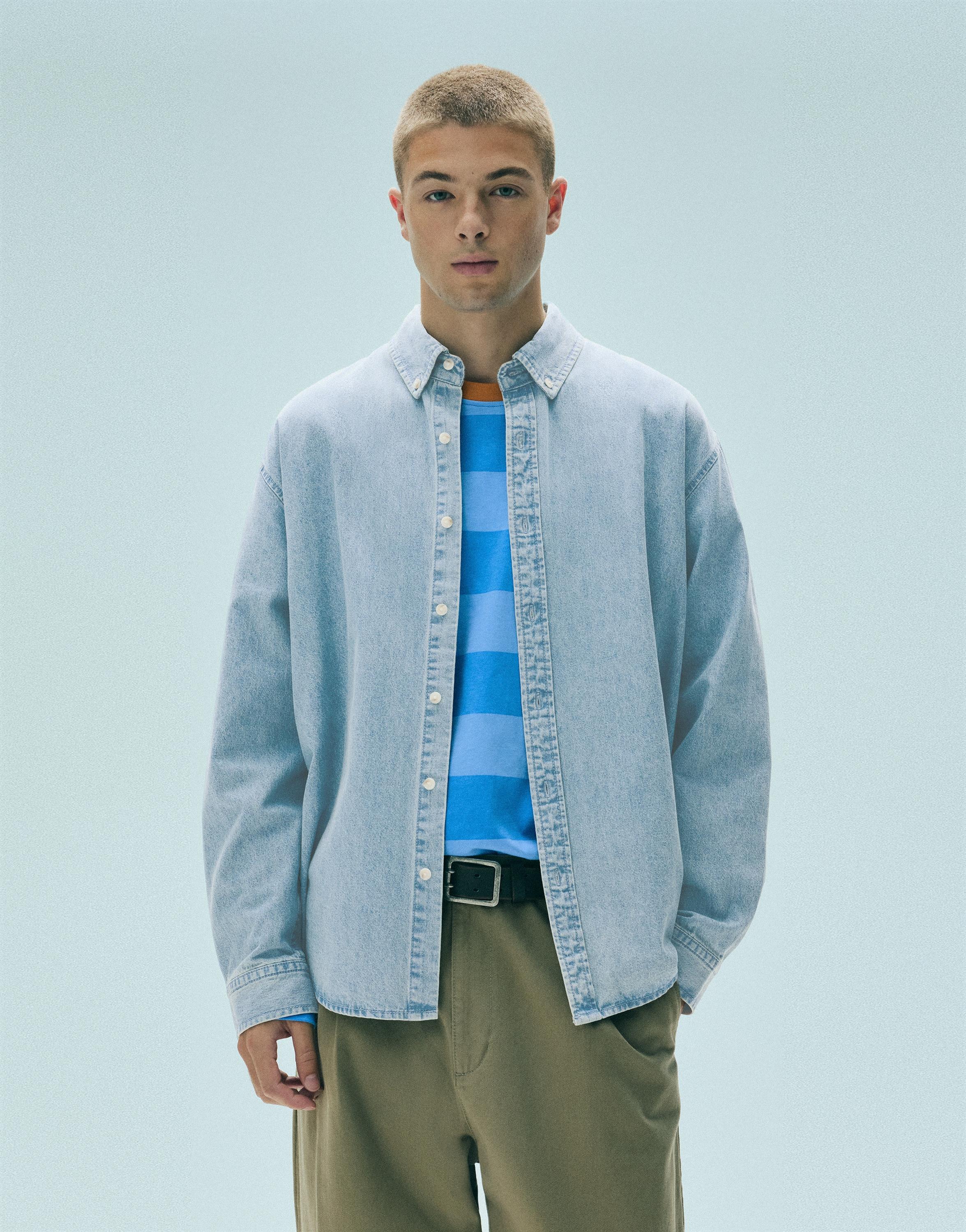 Pull&Bear Uzun kollu kot gömlek görsel 6