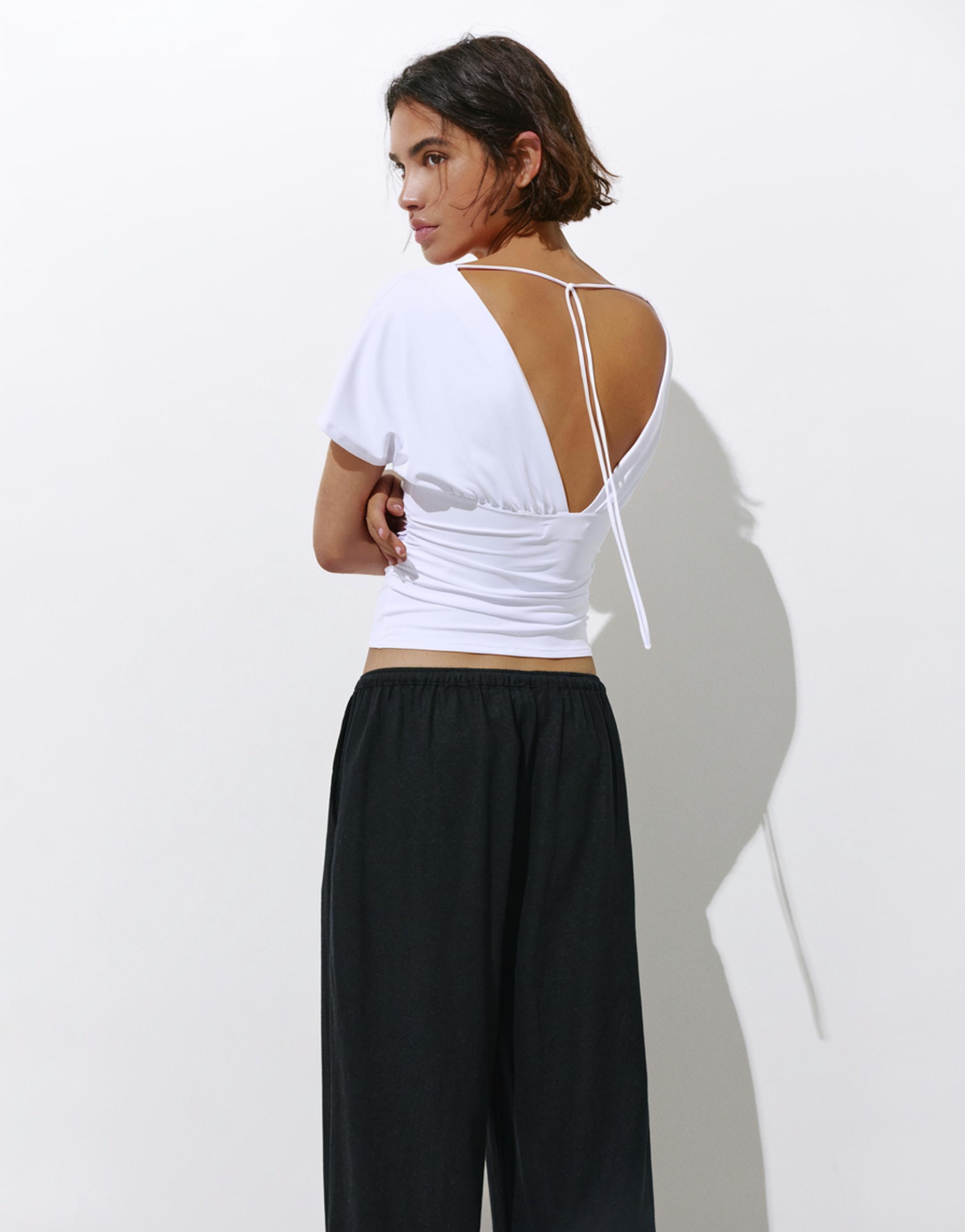 Gathered V-neck top — White