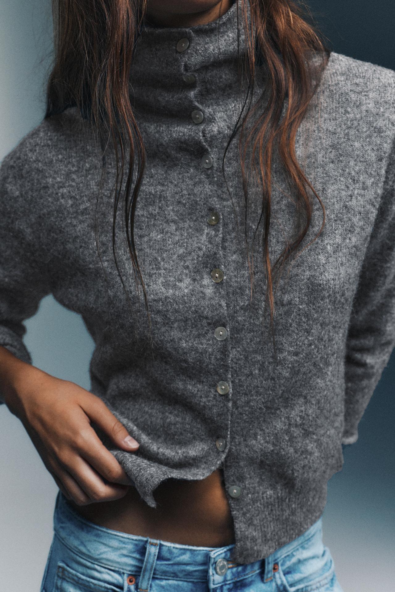 High neck buttoned cardigan — Grey marl