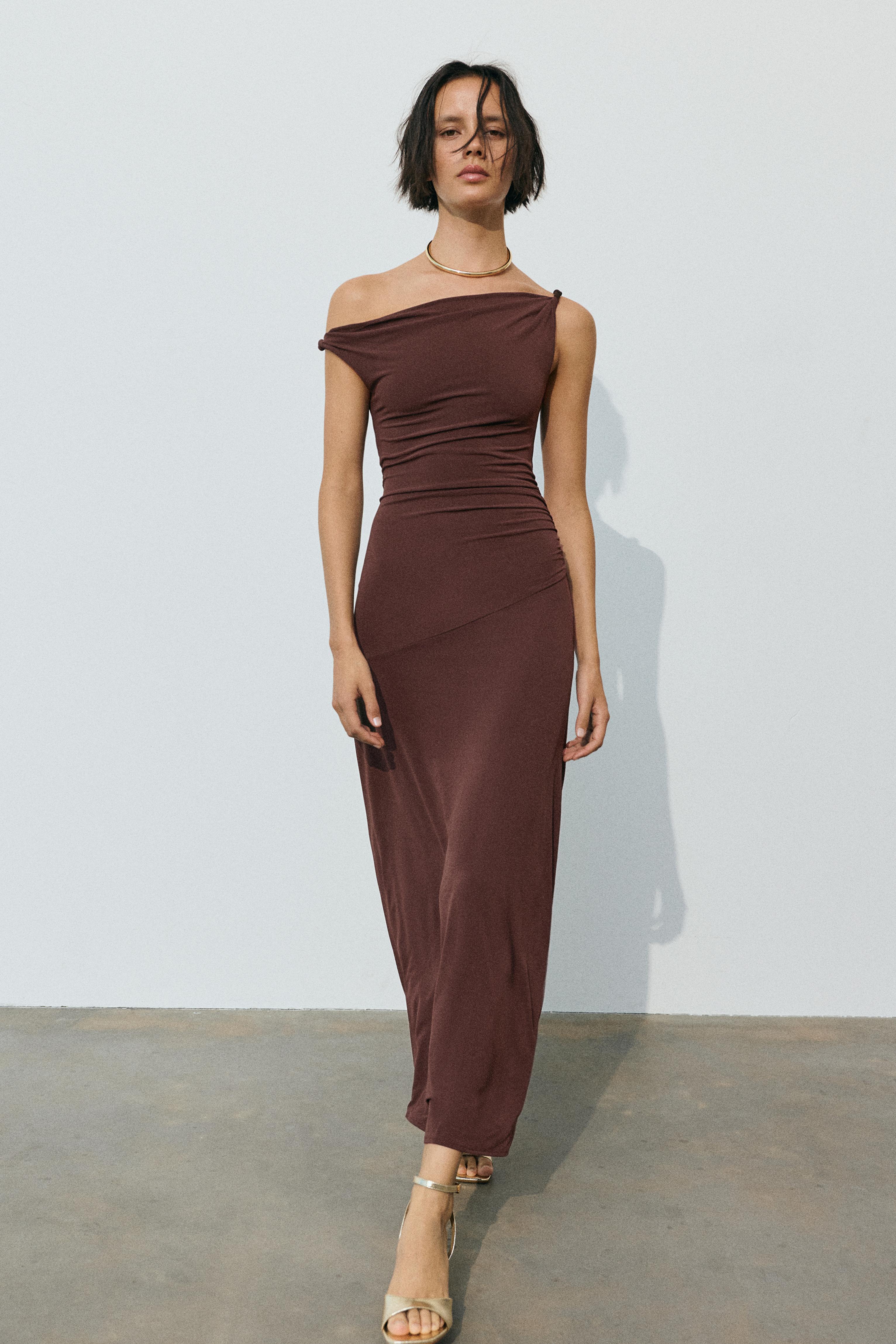 Asymmetric midi dress — Brown