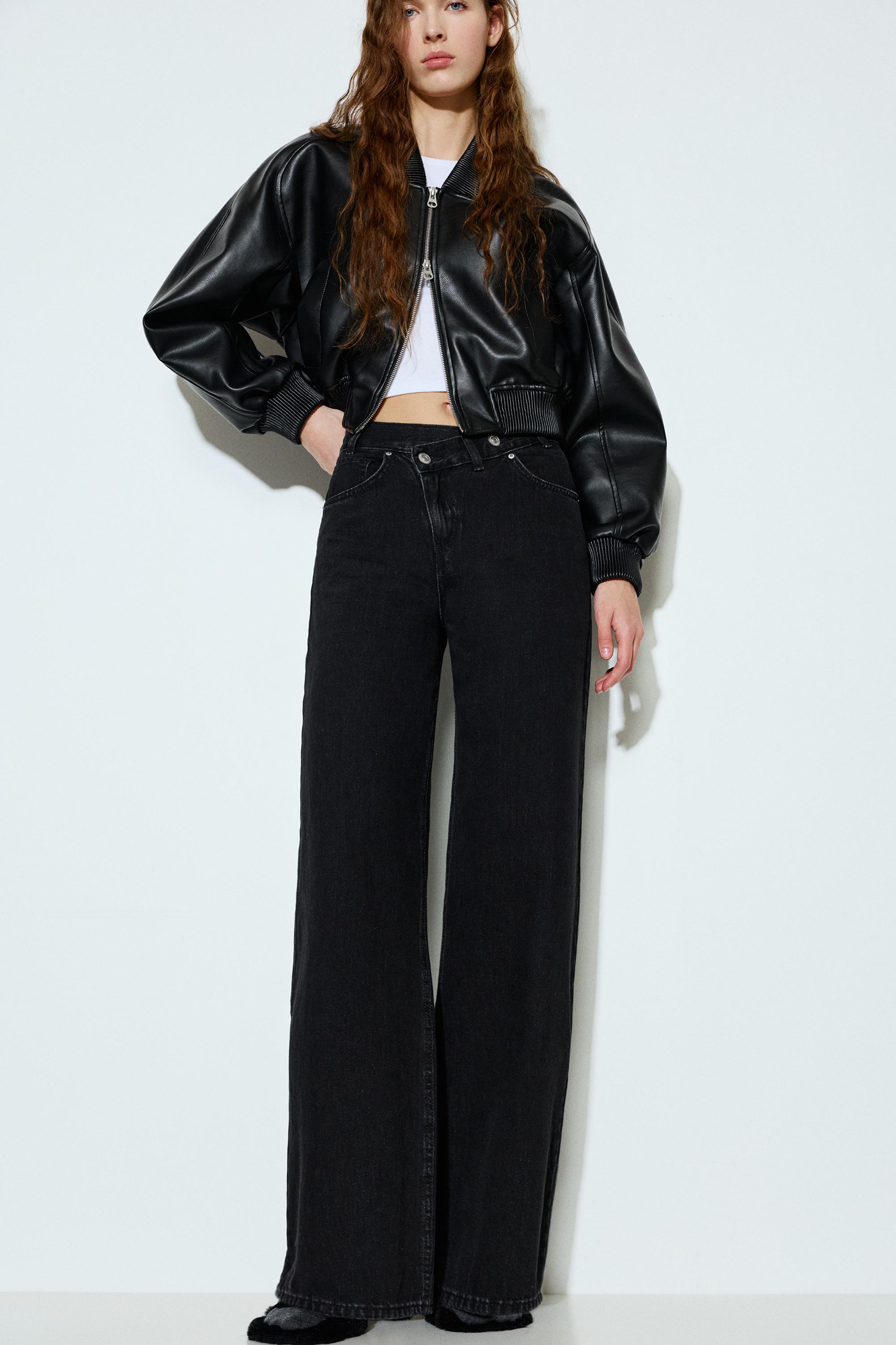 Wide leg jeans with crossover waistband — Black