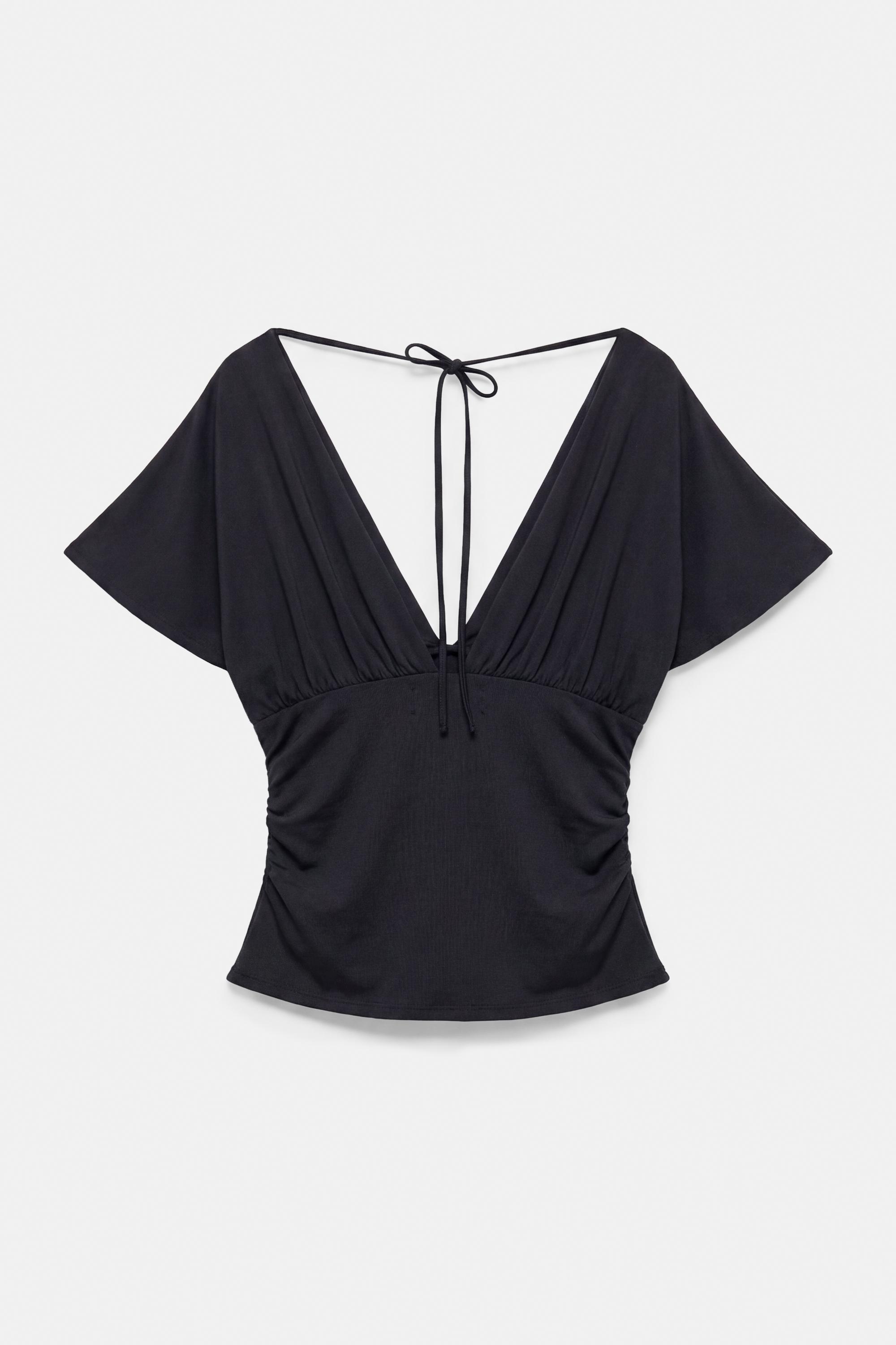 Gathered V-neck top — Black