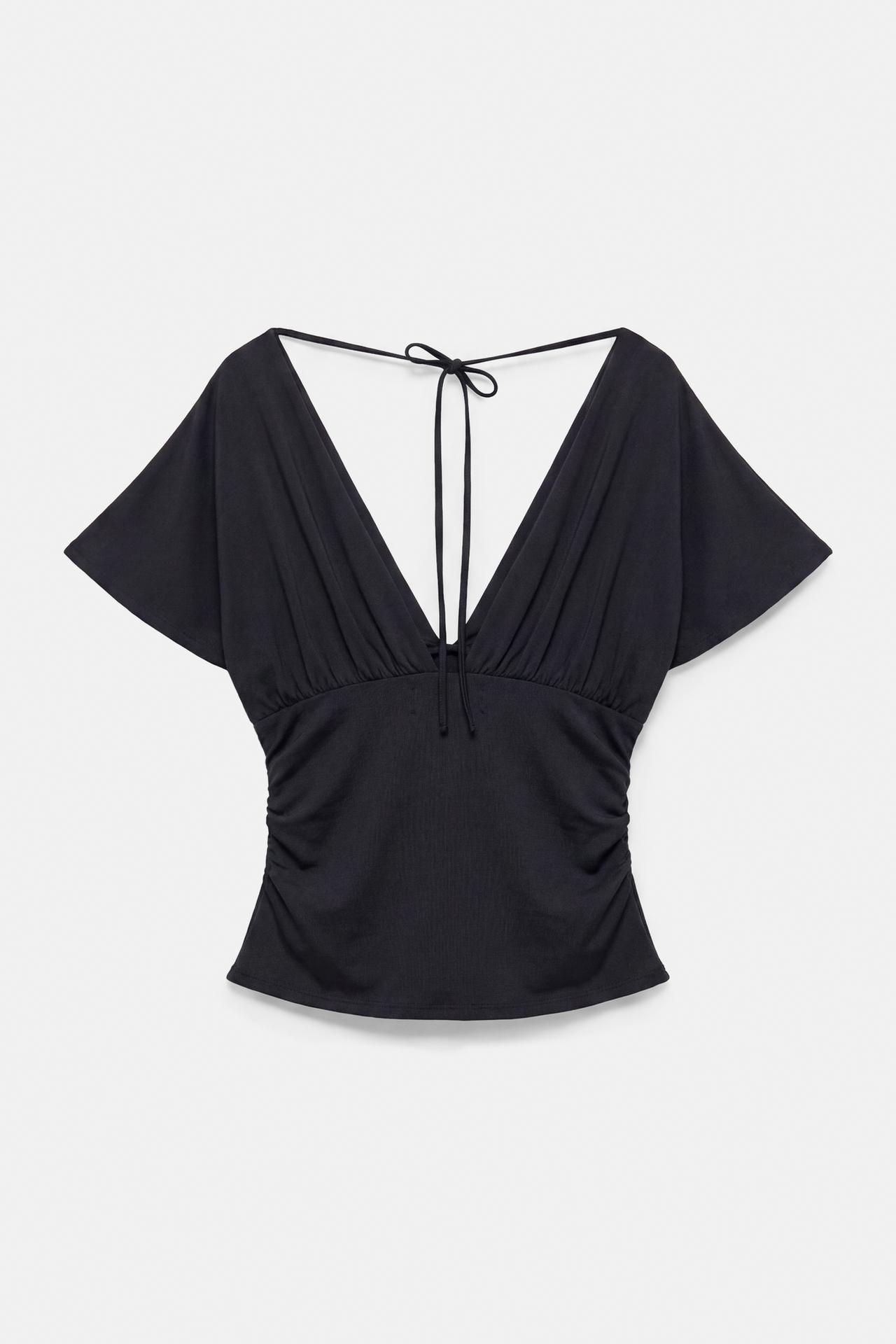 Gathered V-neck top — Black