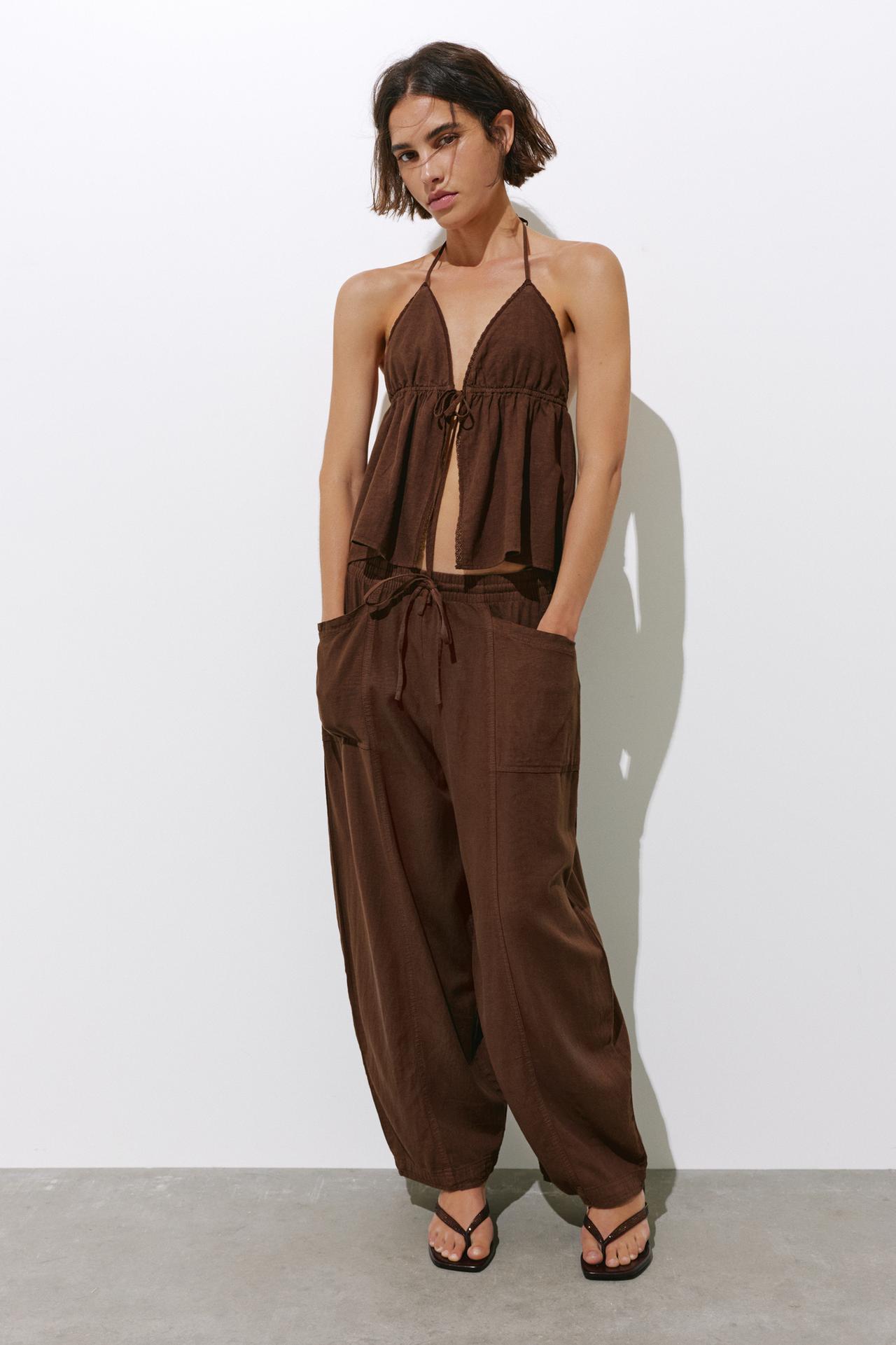 Linen blend barrel trousers — Chocolate