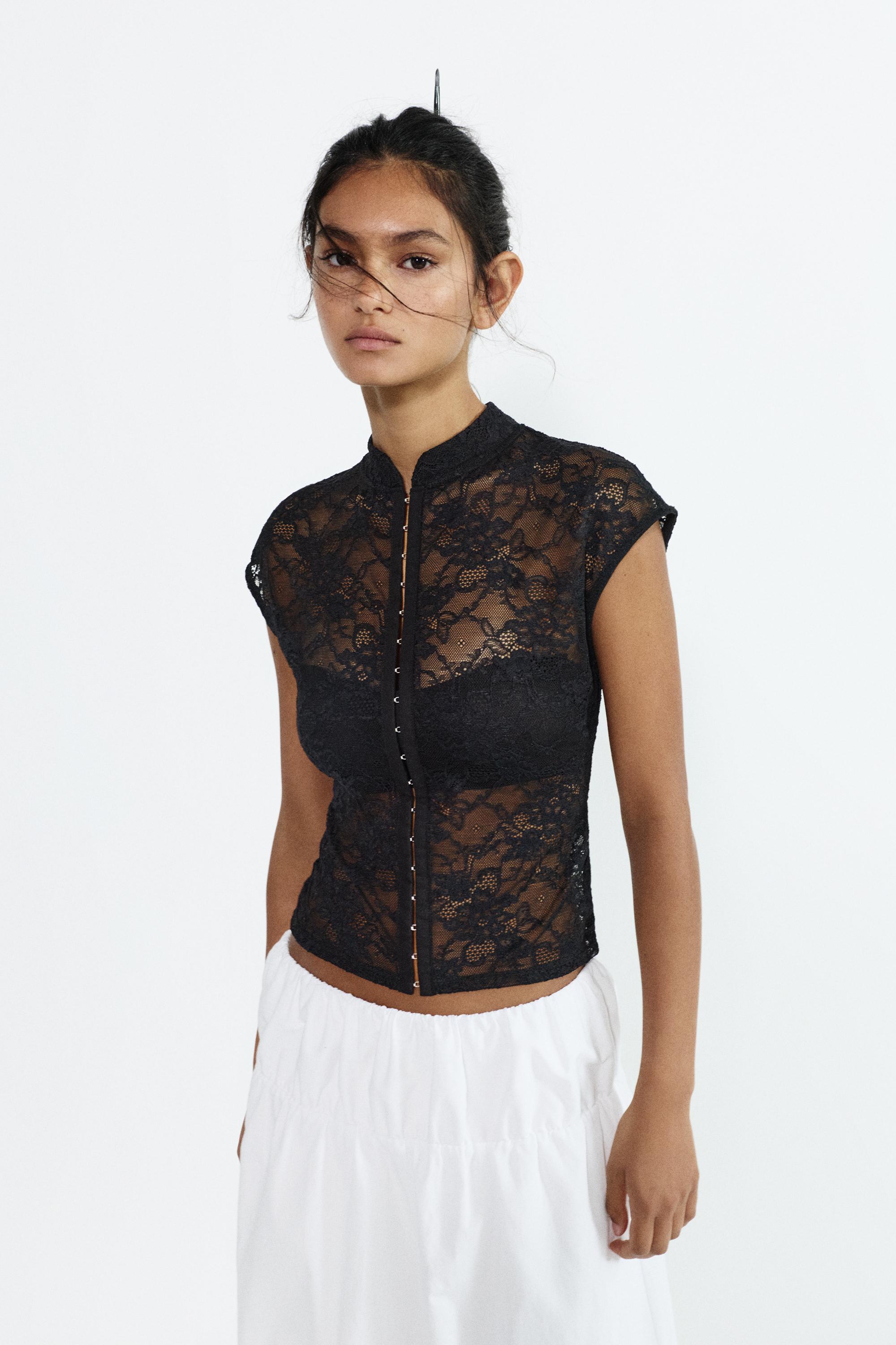 Lace stand collar top — Black