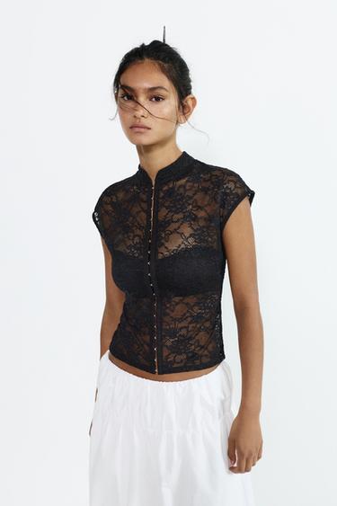 Lace stand collar top — Black 2
