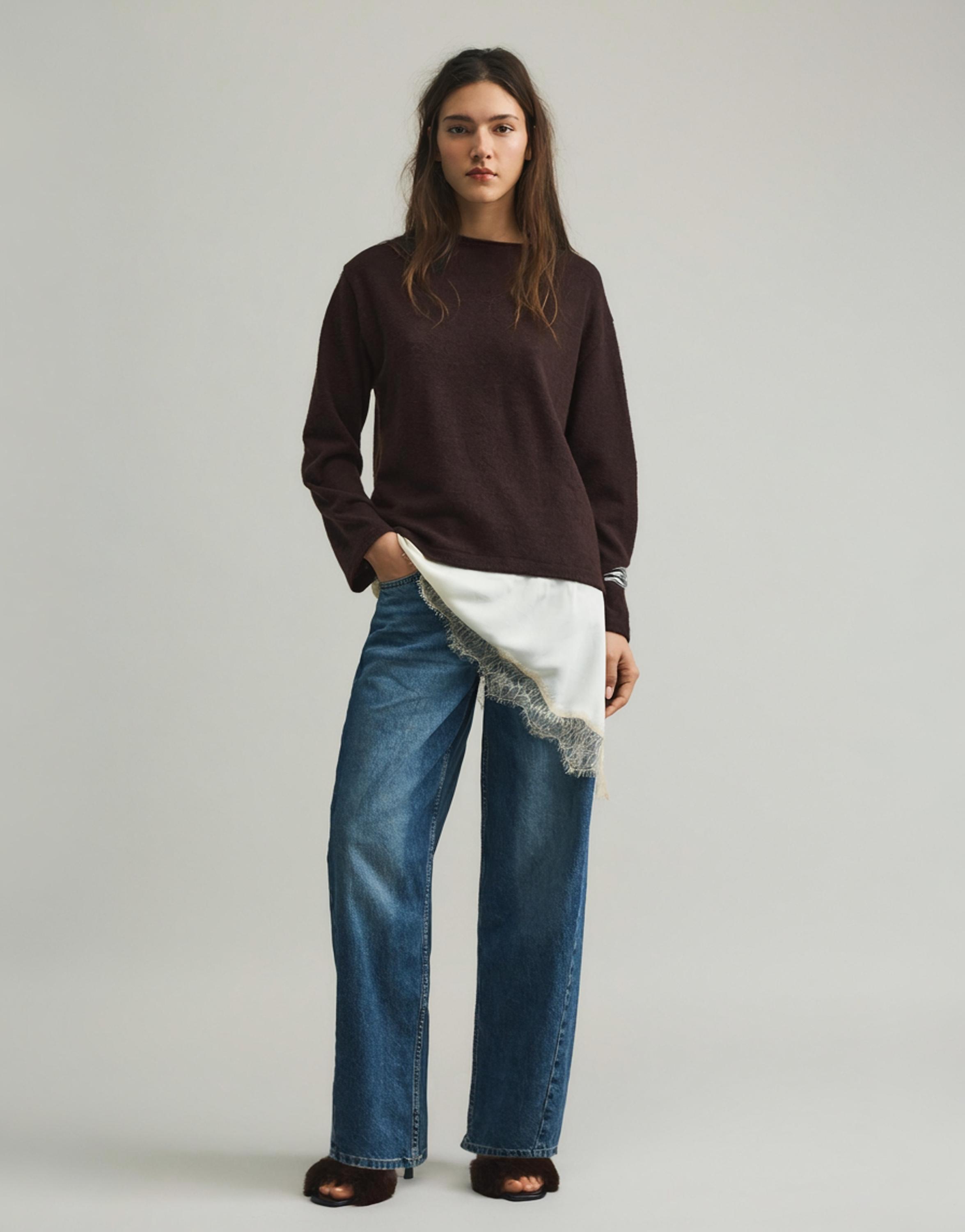 Fine lace combined jumper — Brown