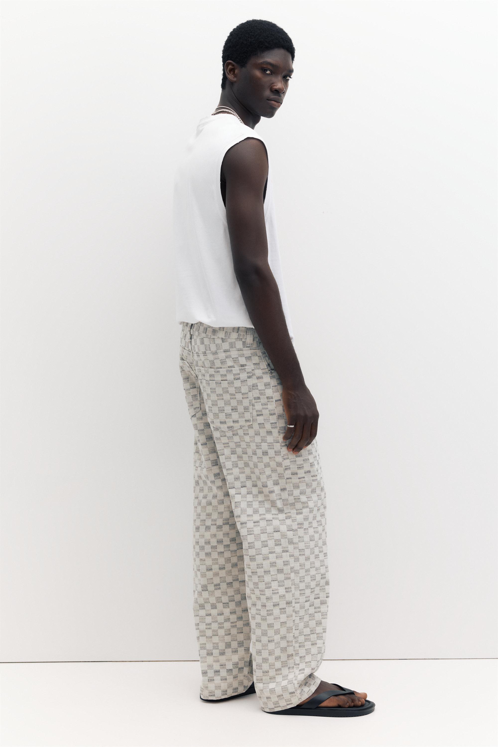 Checked baggy relaxed fit trousers — Ecru