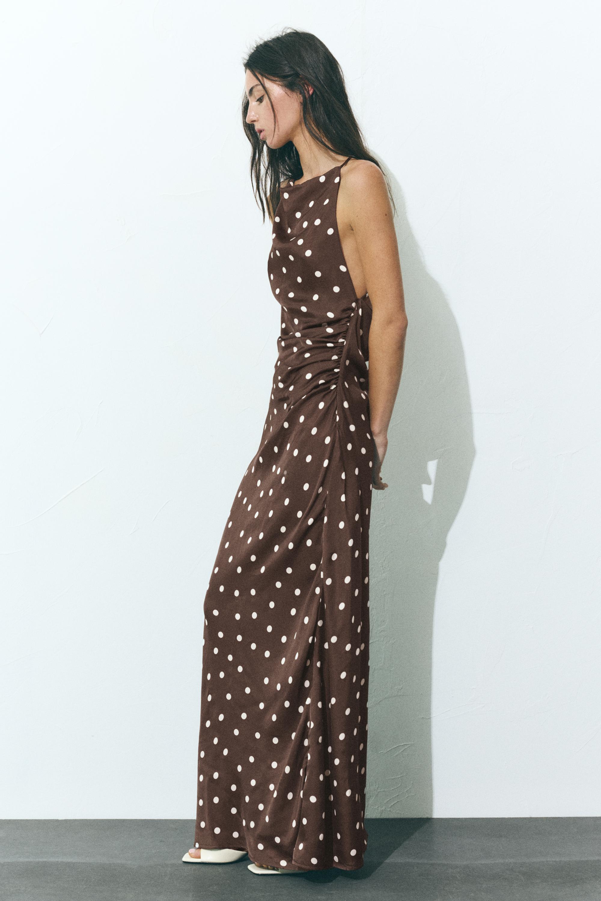 Draped polka dot satin dress — Brown
