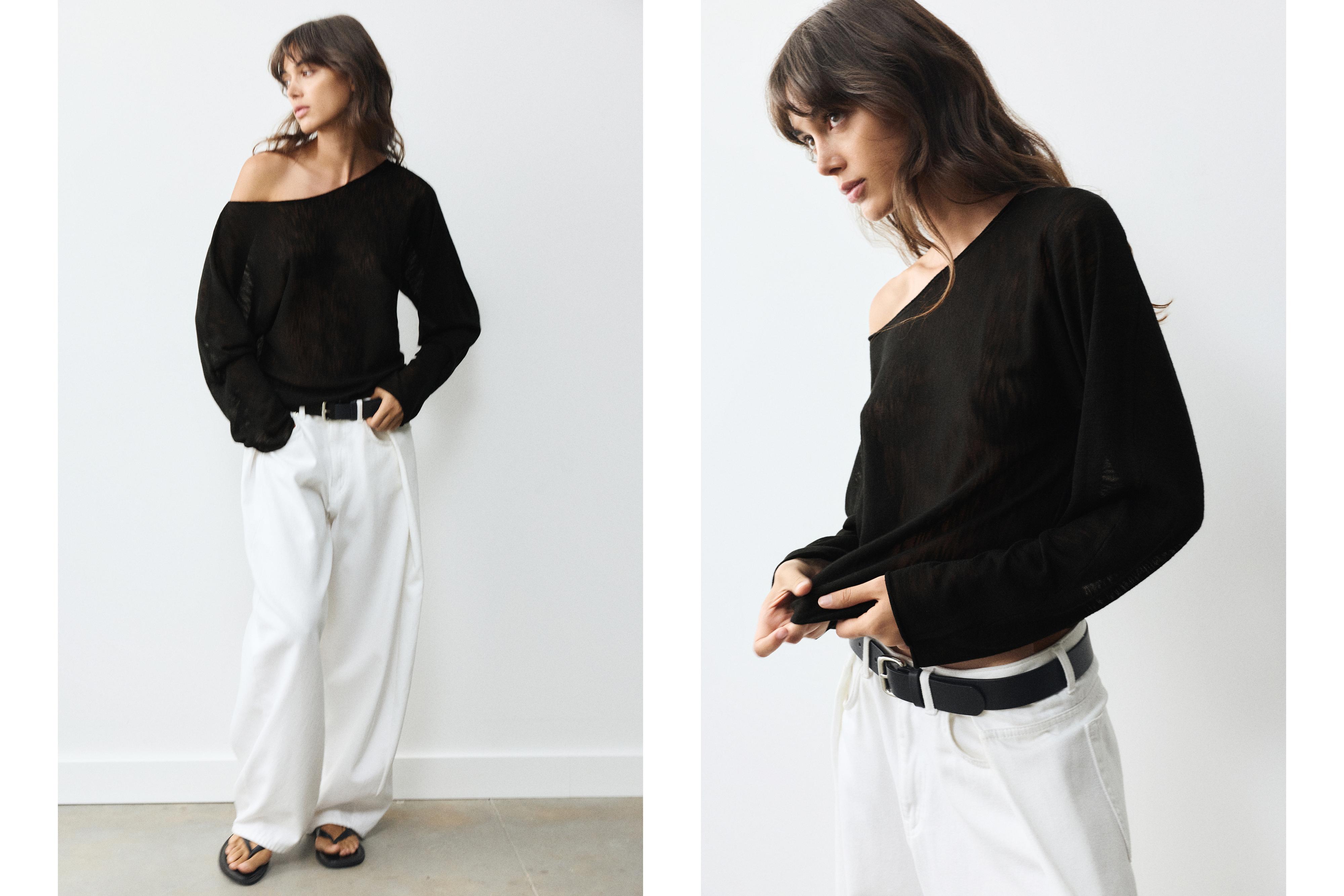 Fine knit asymmetric T-shirt — Black