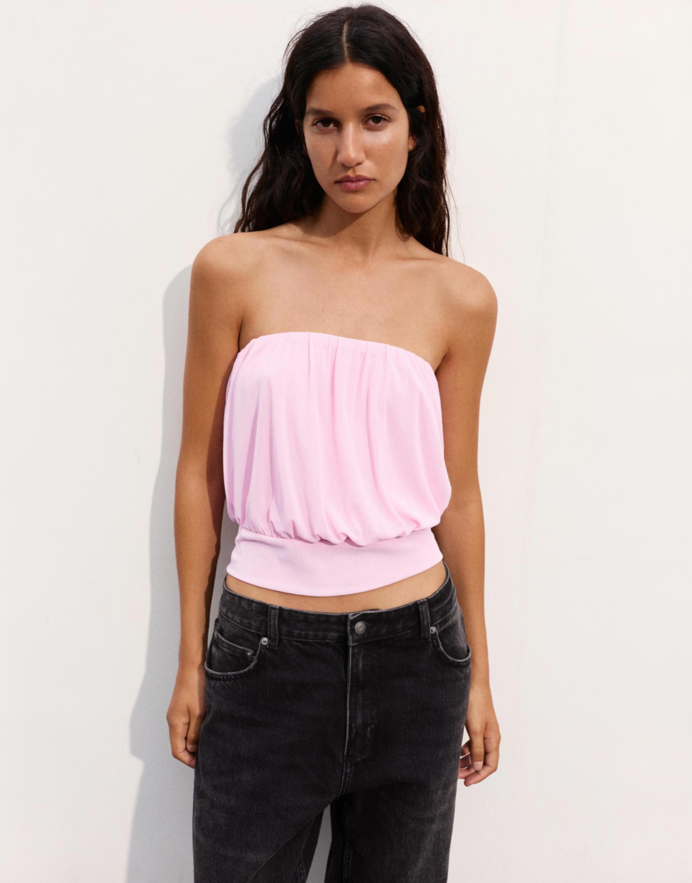 Strapless top with waistband — White/Pink