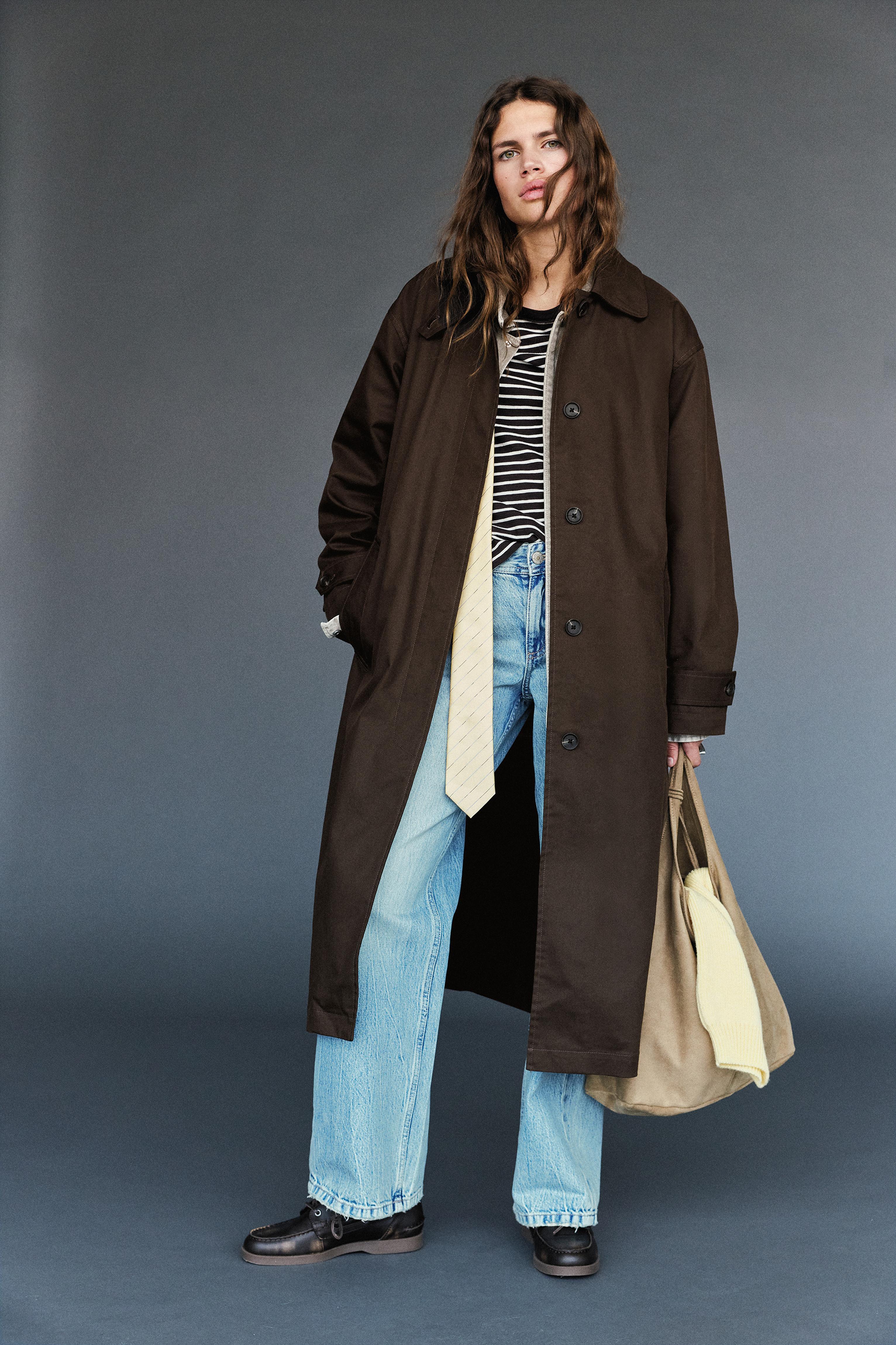Kahverengi oversize trençkot - Görsel 22