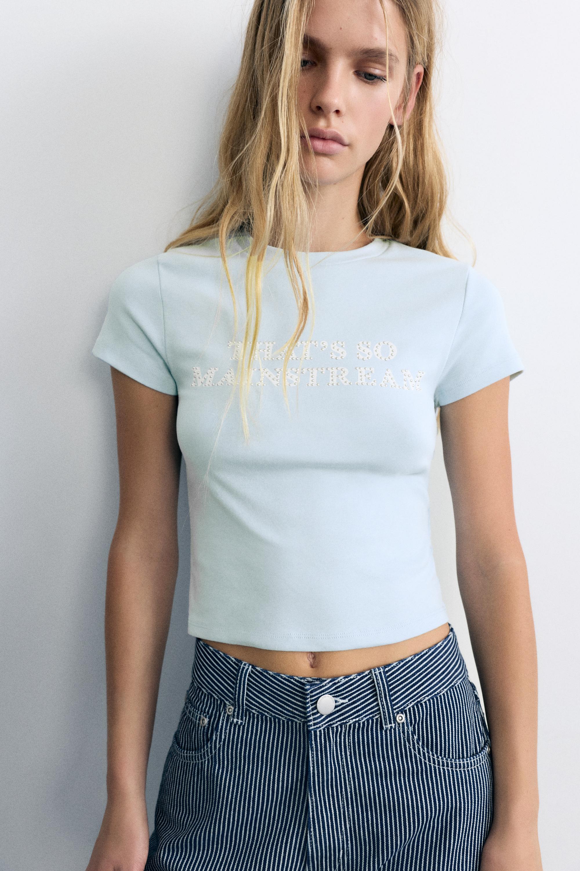 Studded slogan T-shirt — Pale blue