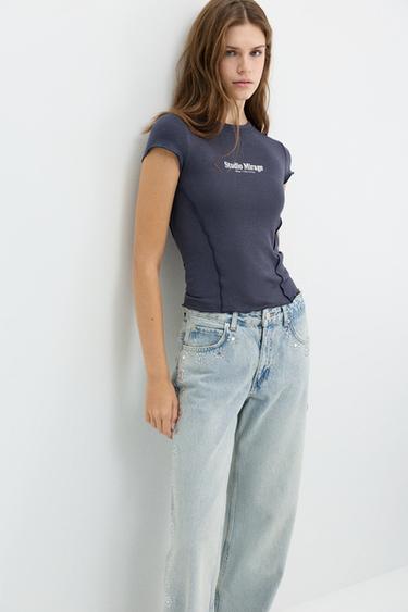 Slim fit graphic T-shirt with raised seams — Grey blue 1