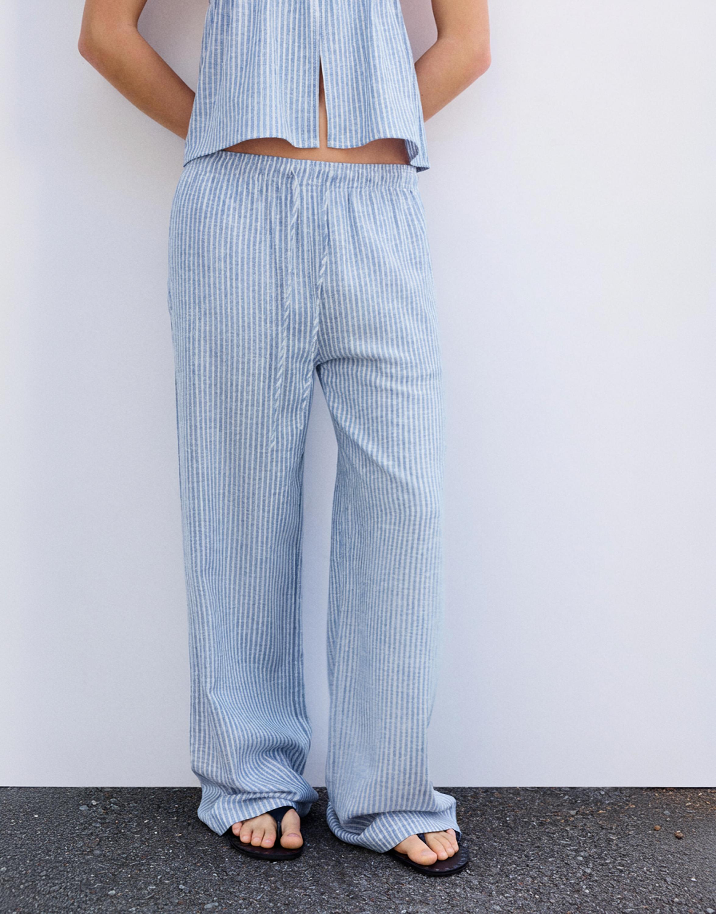 Striped pyjama-style trousers with linen — Blue