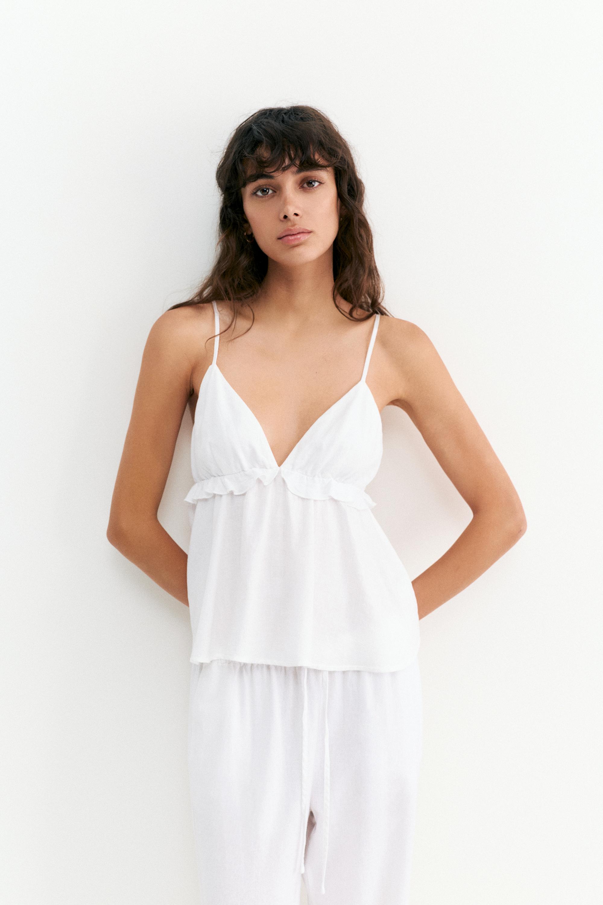 Ruffled linen top — White