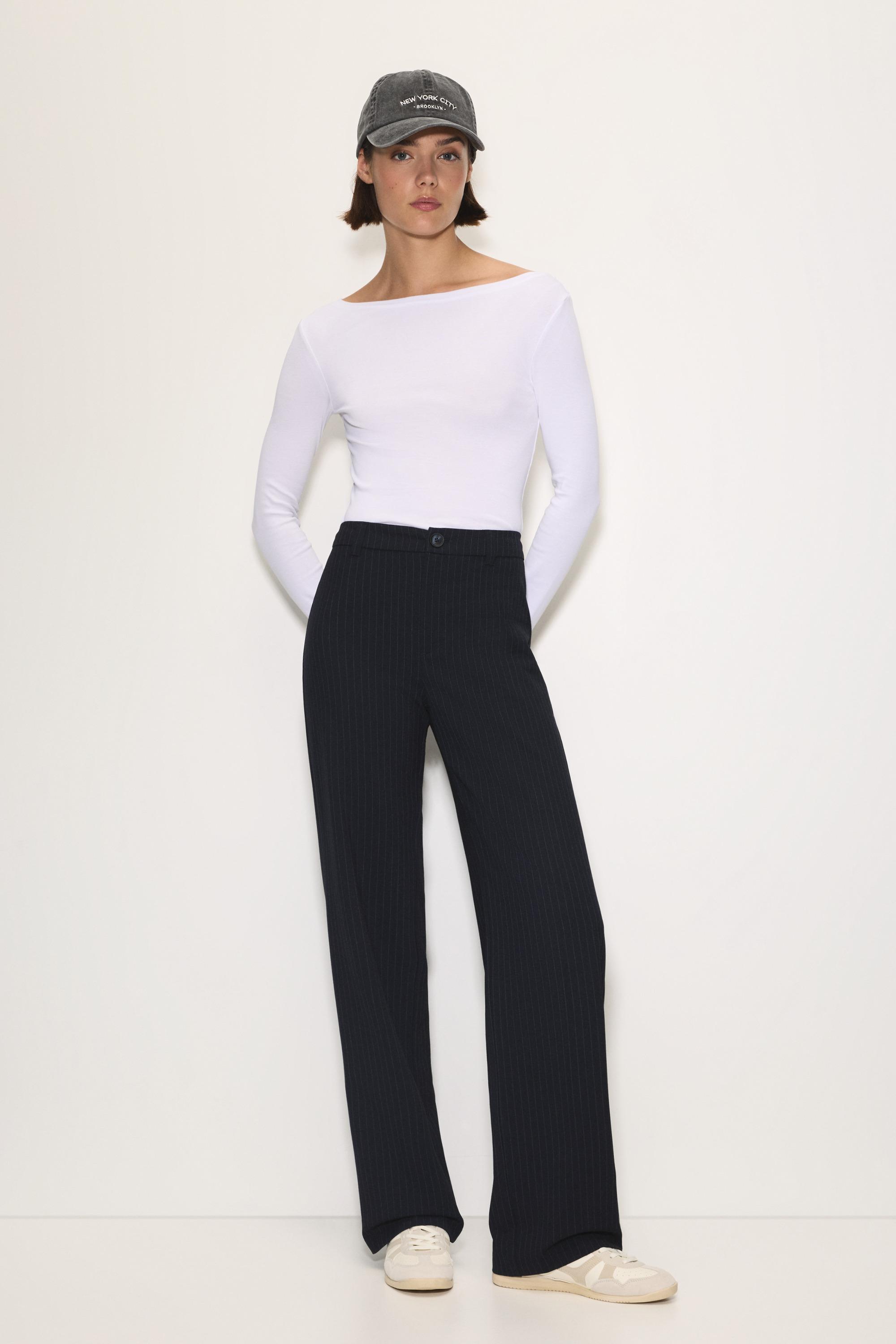 Smart high-waist straight-leg trousers — Striped