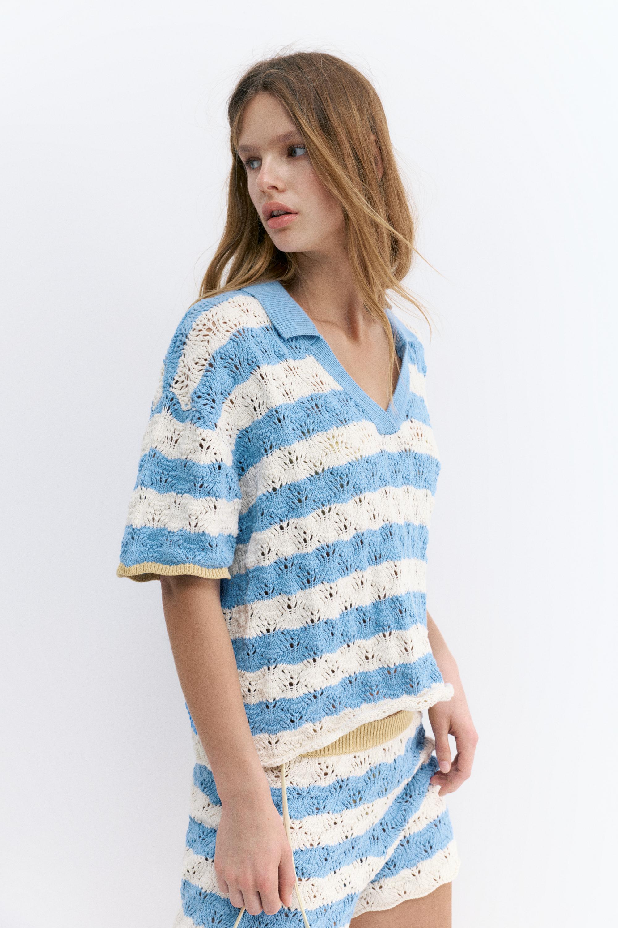 Kroşe çizgili polo tişört - Görsel 7