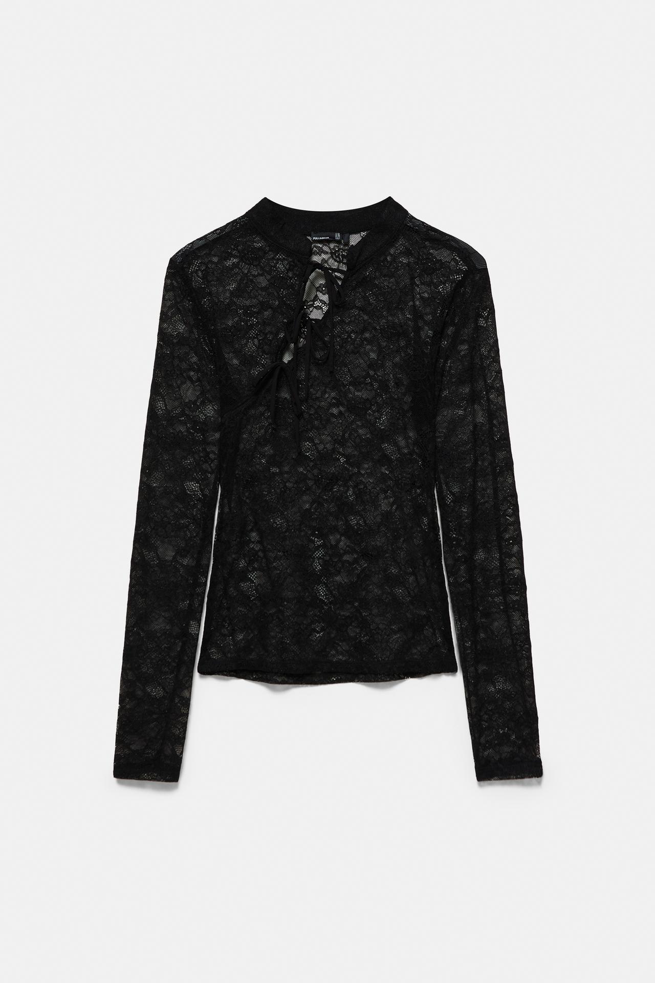 Lace stand collar top with fireman clasps — Black
