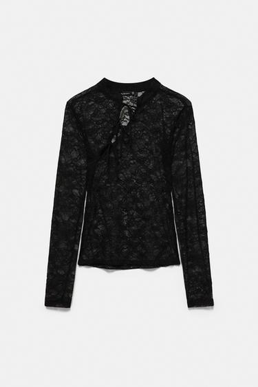 Lace stand collar top with fireman clasps — Black 6