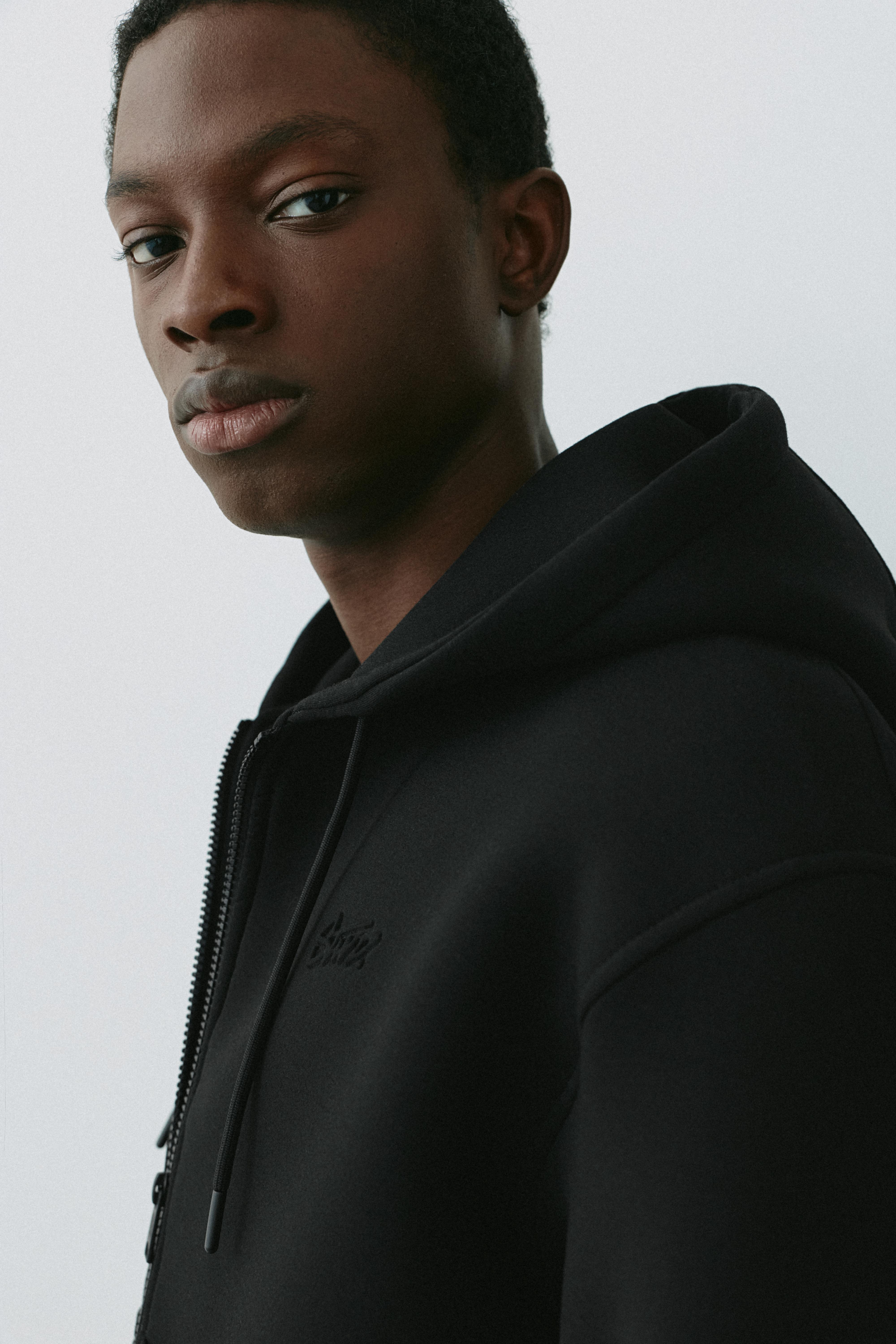 Neoprene-effect zip-up hoodie — Black