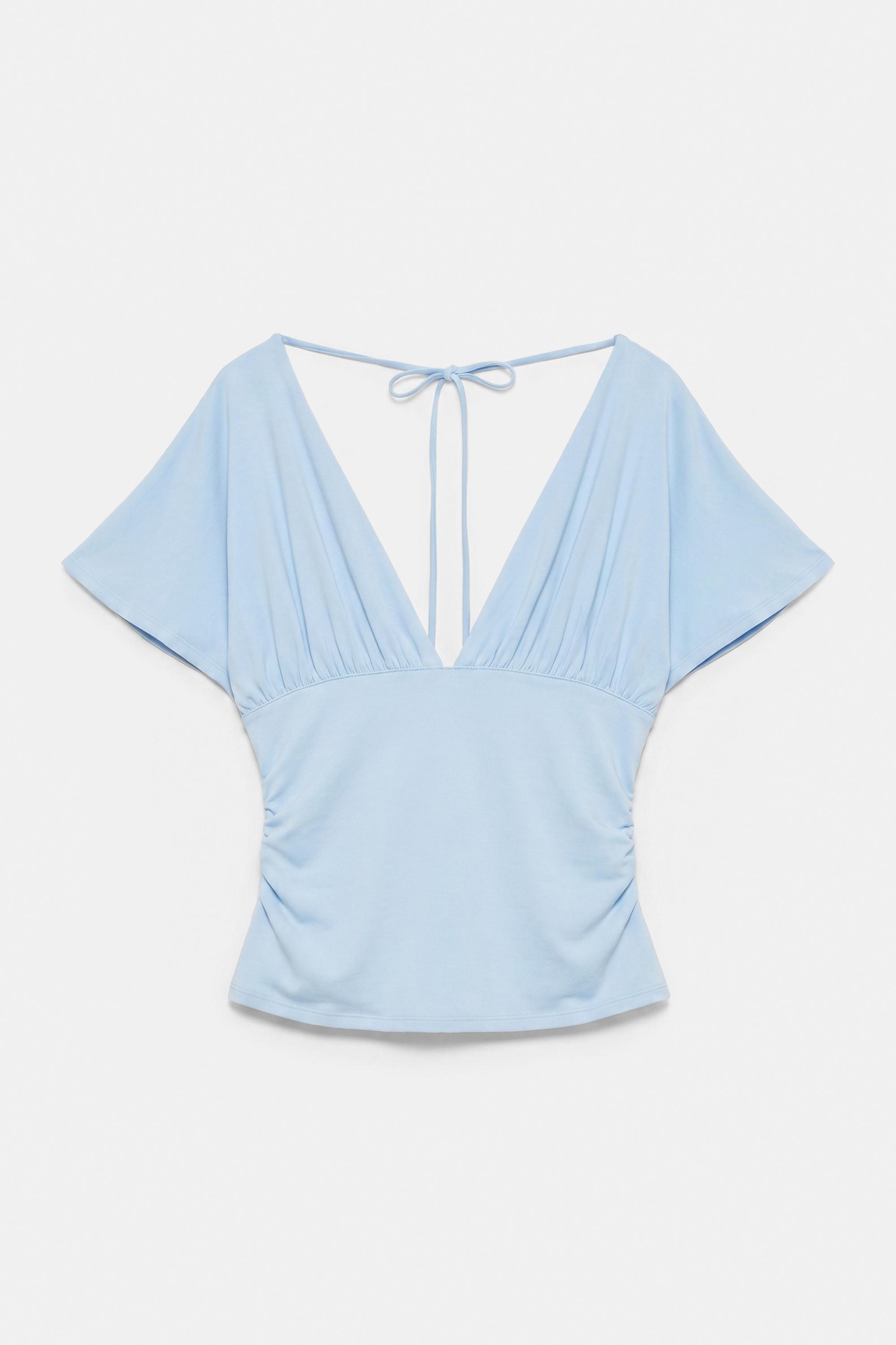 Gathered V-neck top — Pale blue