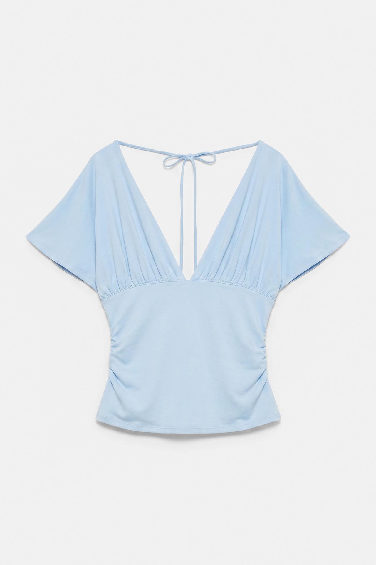 Gathered V-neck top — Pale blue