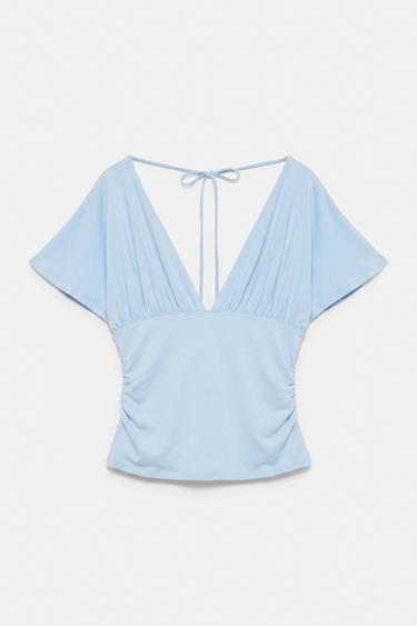 Gathered V-neck top — Pale blue 6