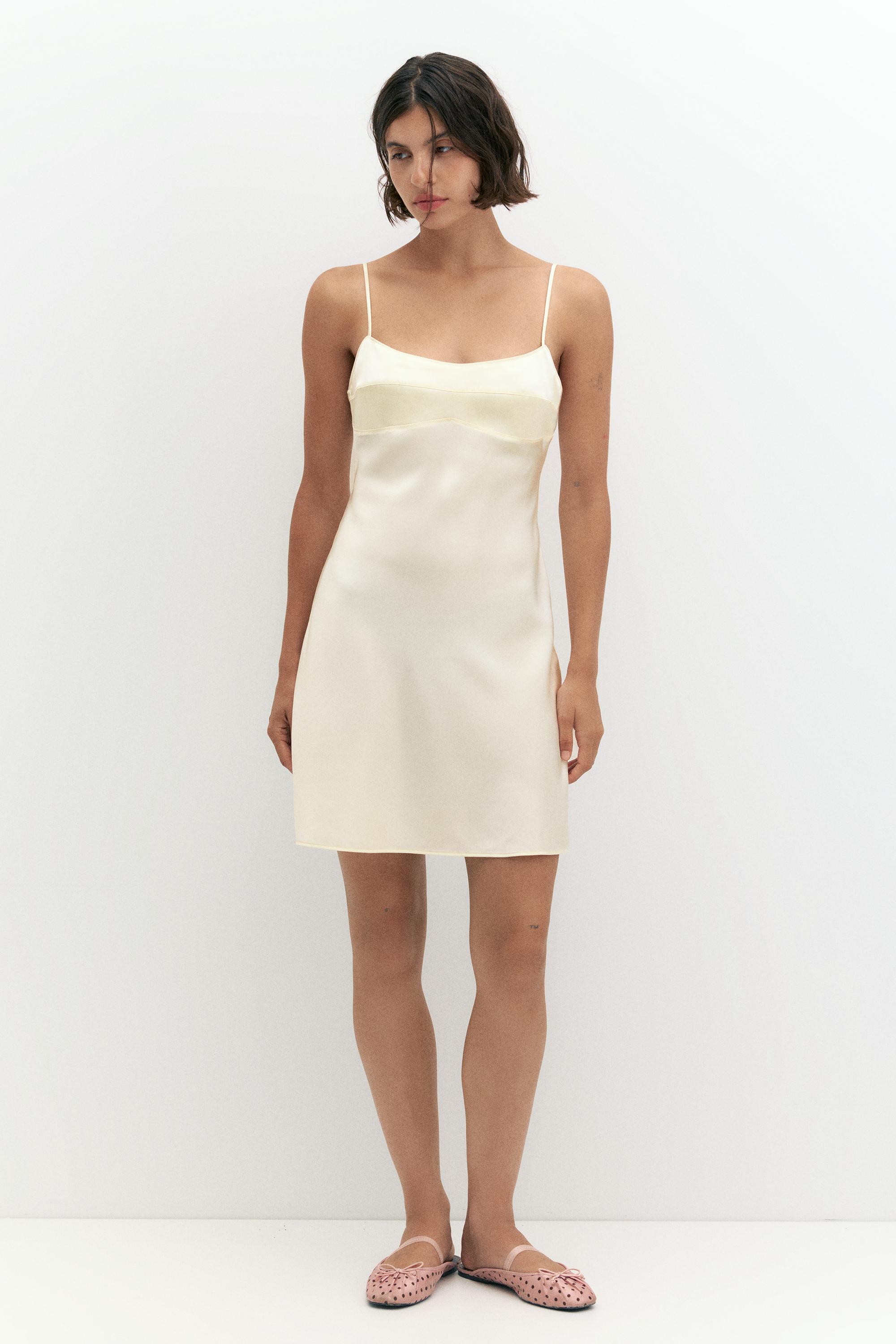 Short satin strappy dress — Ecru