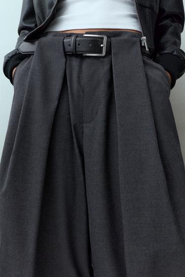 High-waist barrel trousers with pleats and belt — Dark grey 4