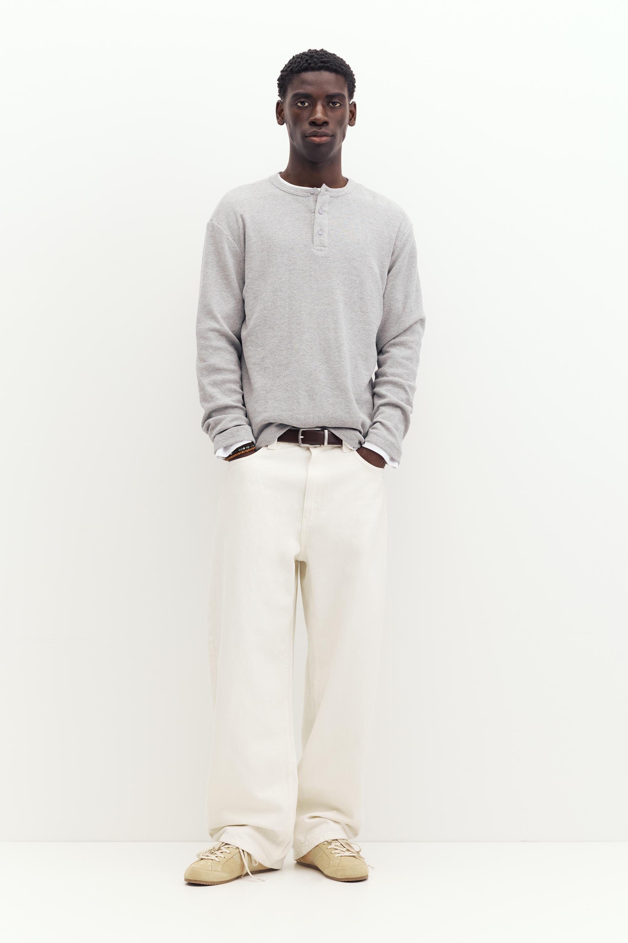 Waffle-knit long sleeve T-shirt — Pale marl