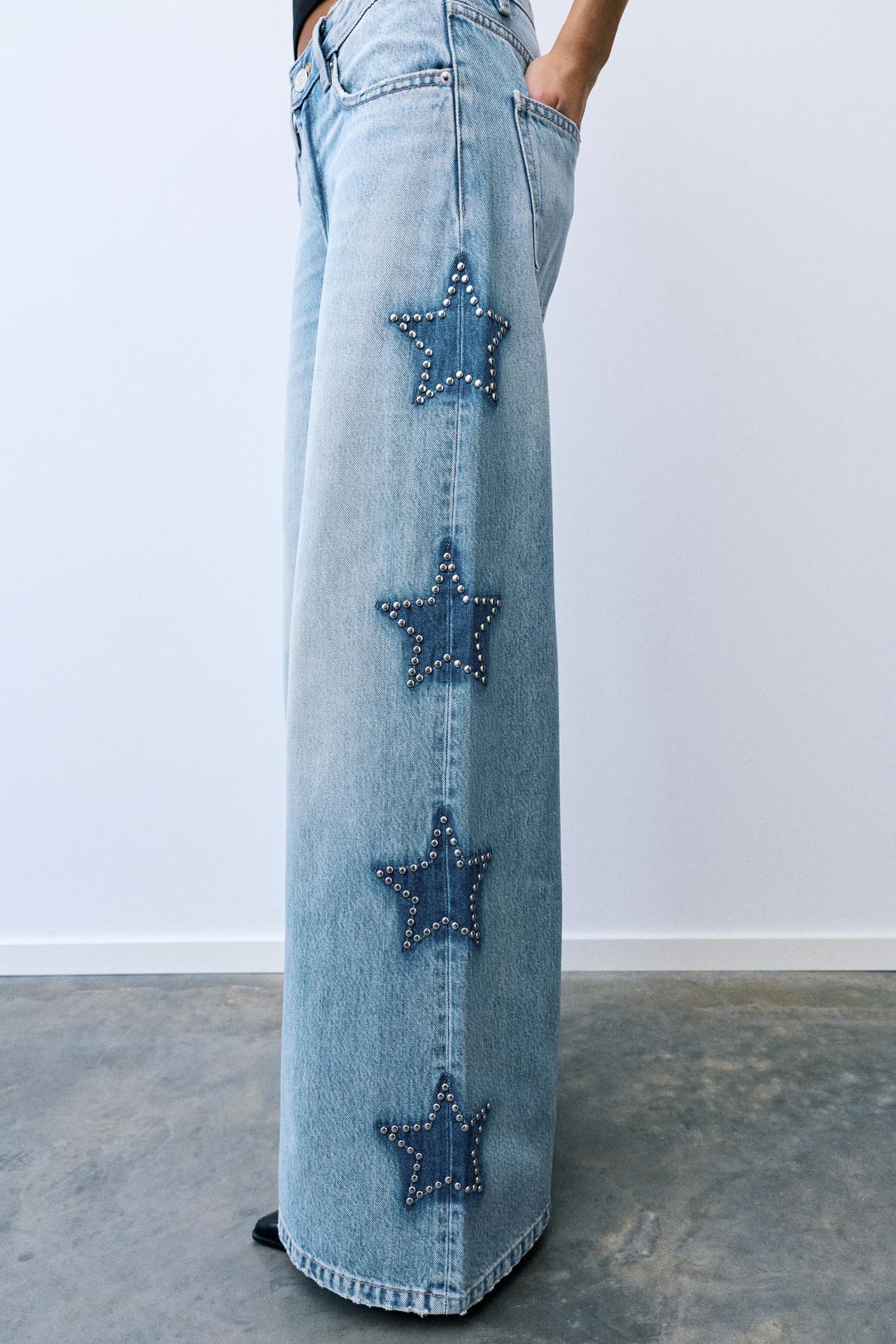 Wide-leg star stud jeans — Medium blue