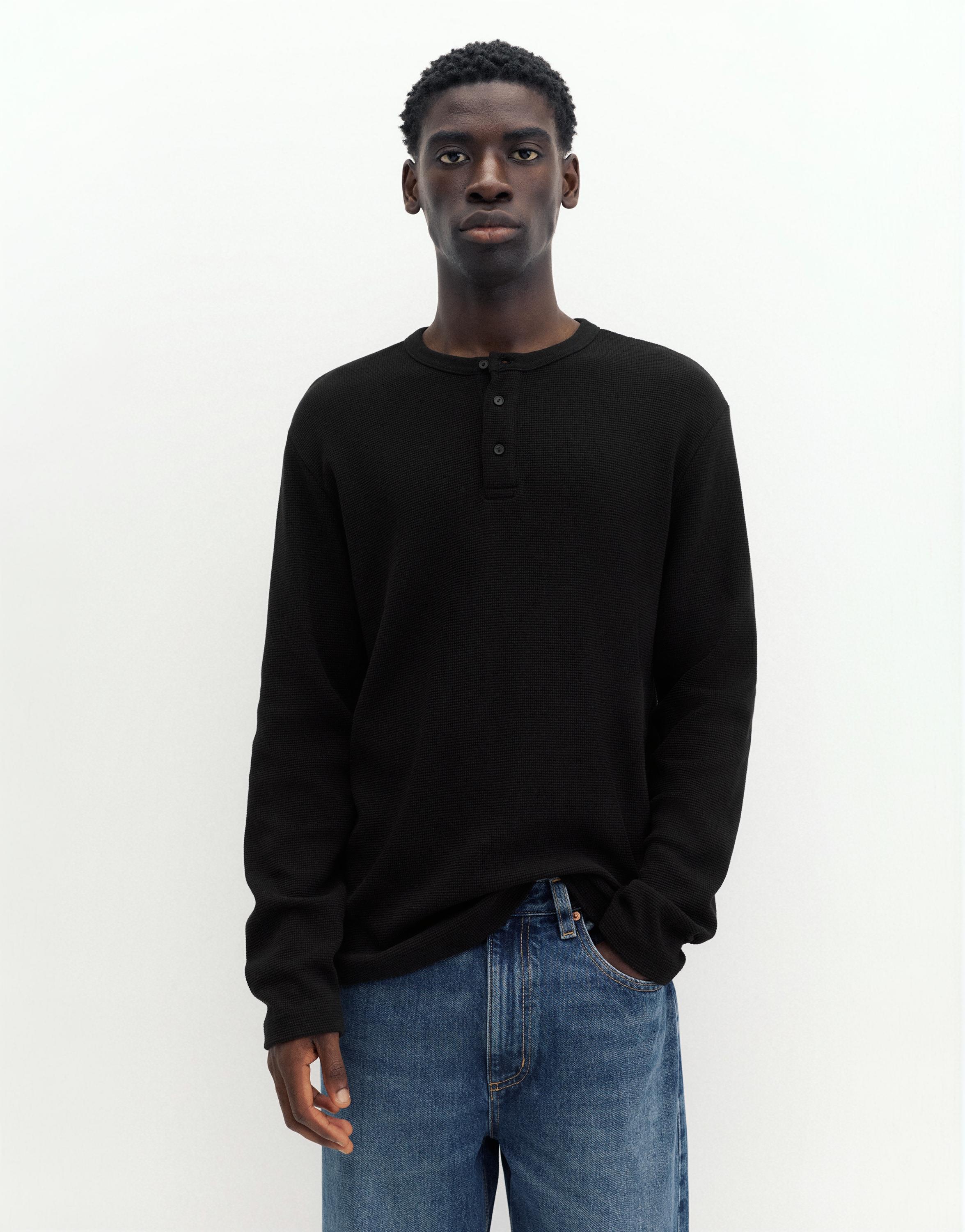 Waffle-knit long sleeve T-shirt — Black