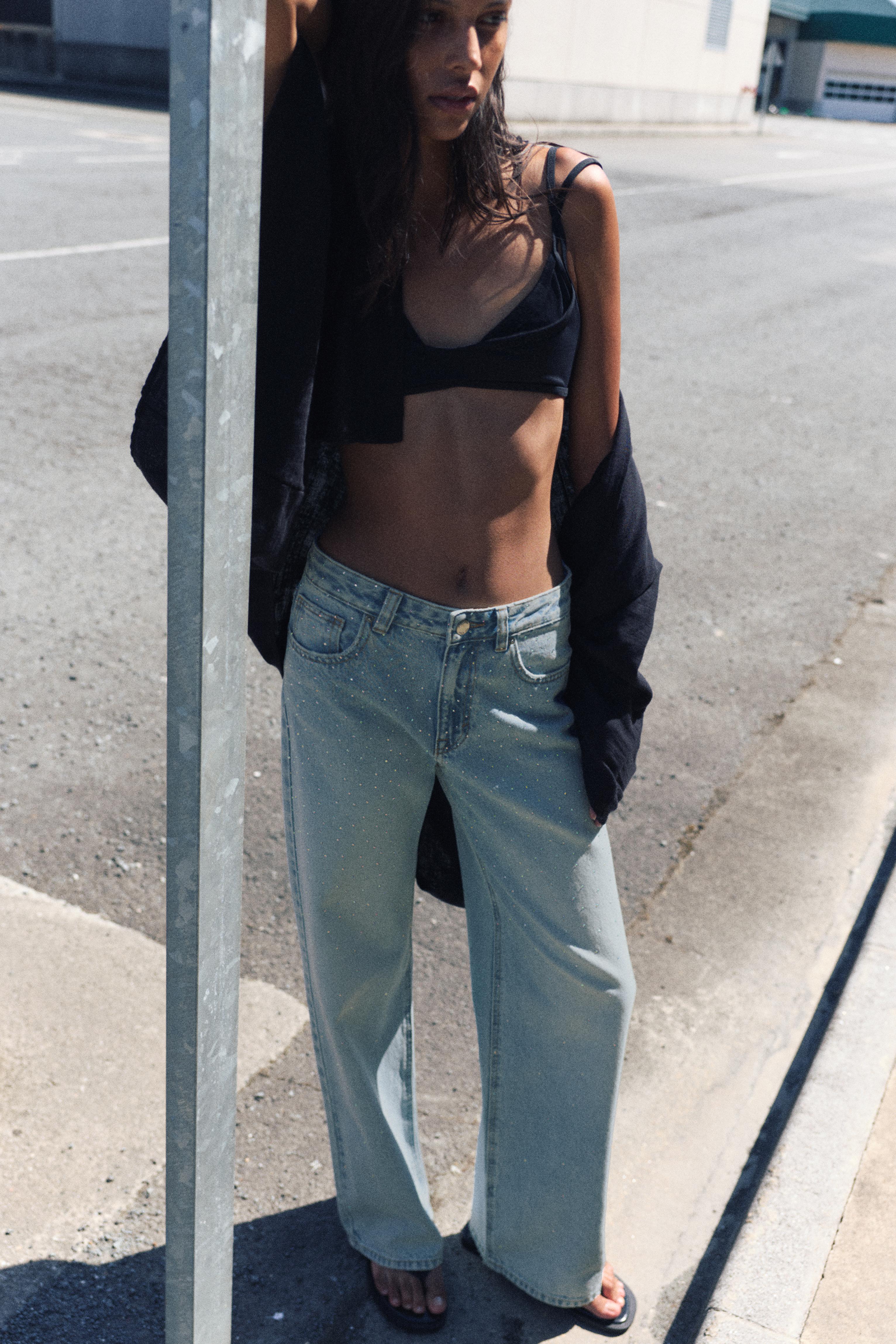 Straight-leg baggy jeans with rhinestones — Pale blue
