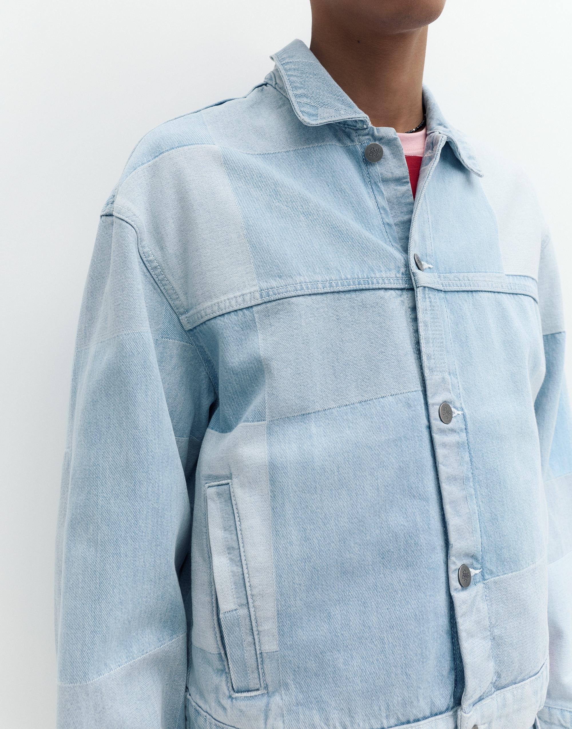 Patchwork kareli denim ceket - Görsel 13