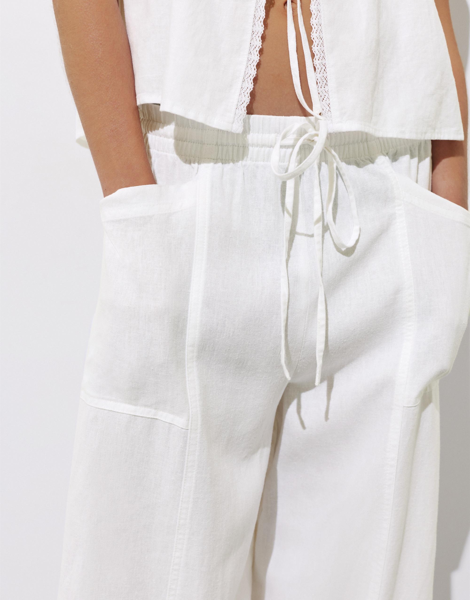 Linen blend barrel trousers — White