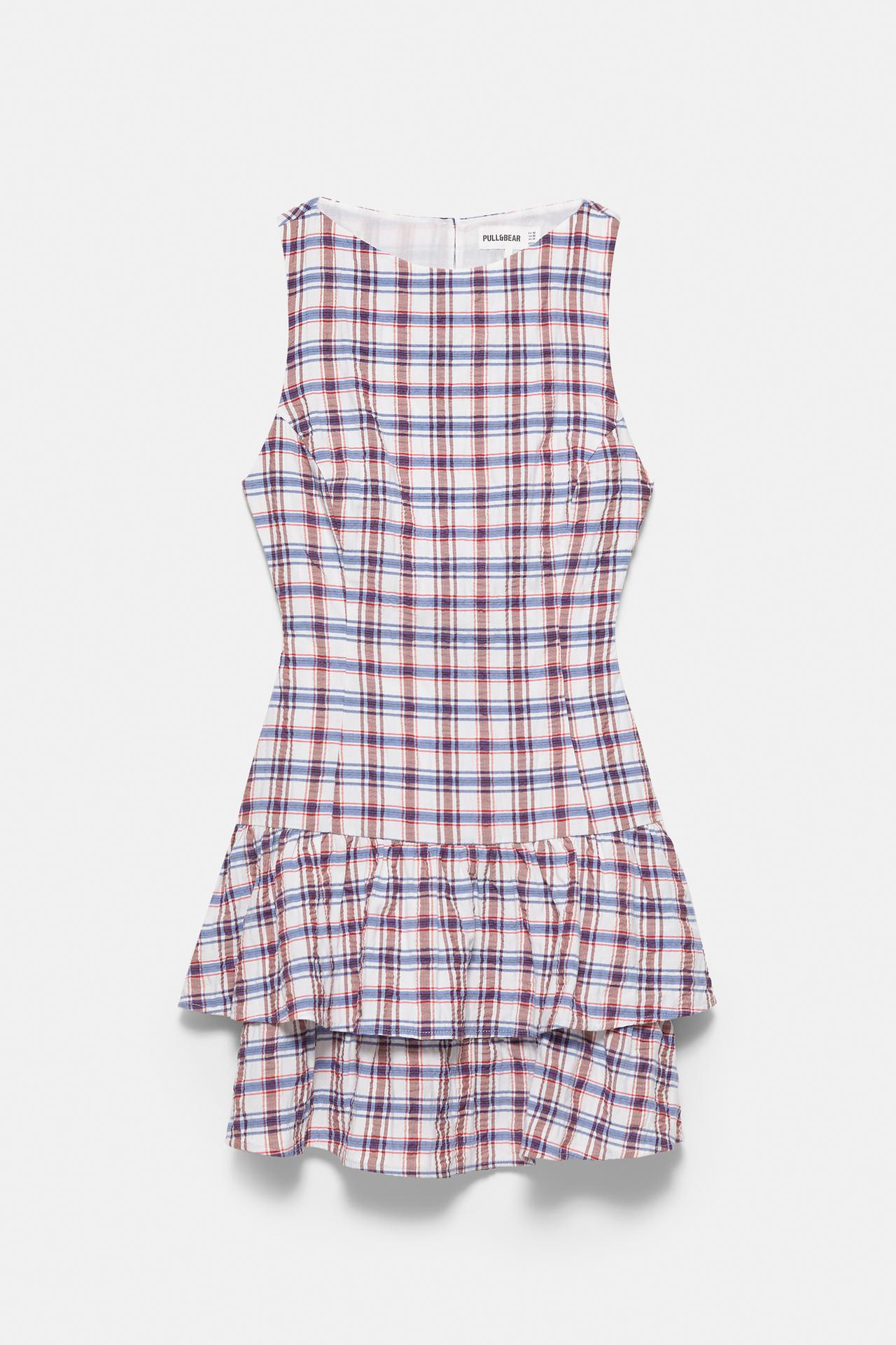 Check ruffle short dress — Blue