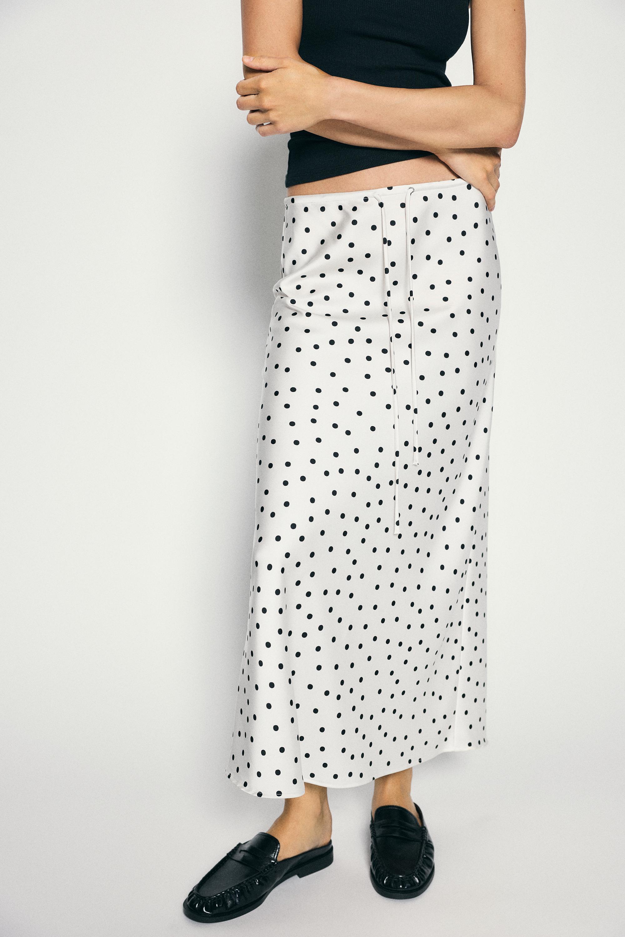 Satin drawstring midi skirt — Ecru/Black