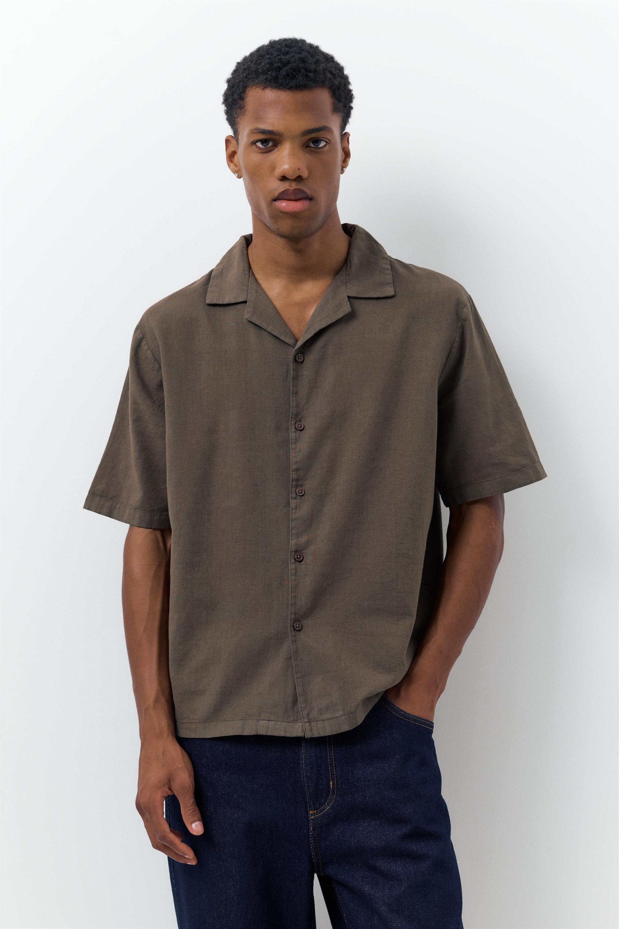 Short sleeve linen blend shirt — Chocolate