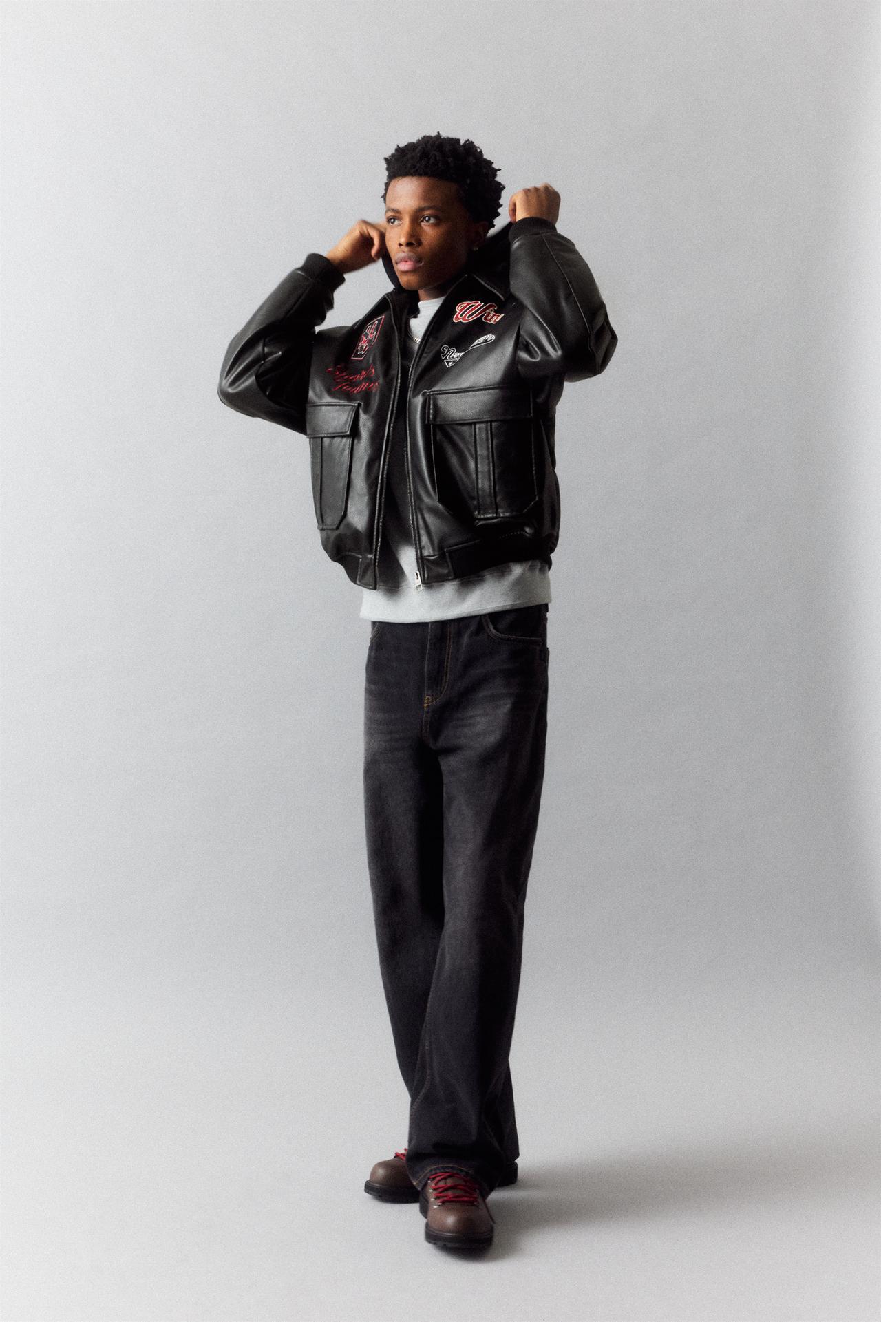 Leather effect jacket with combined hood — Black
