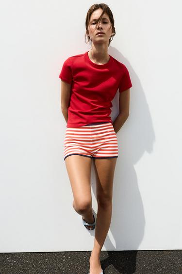 Striped ribbed mini shorts — White/Red 1