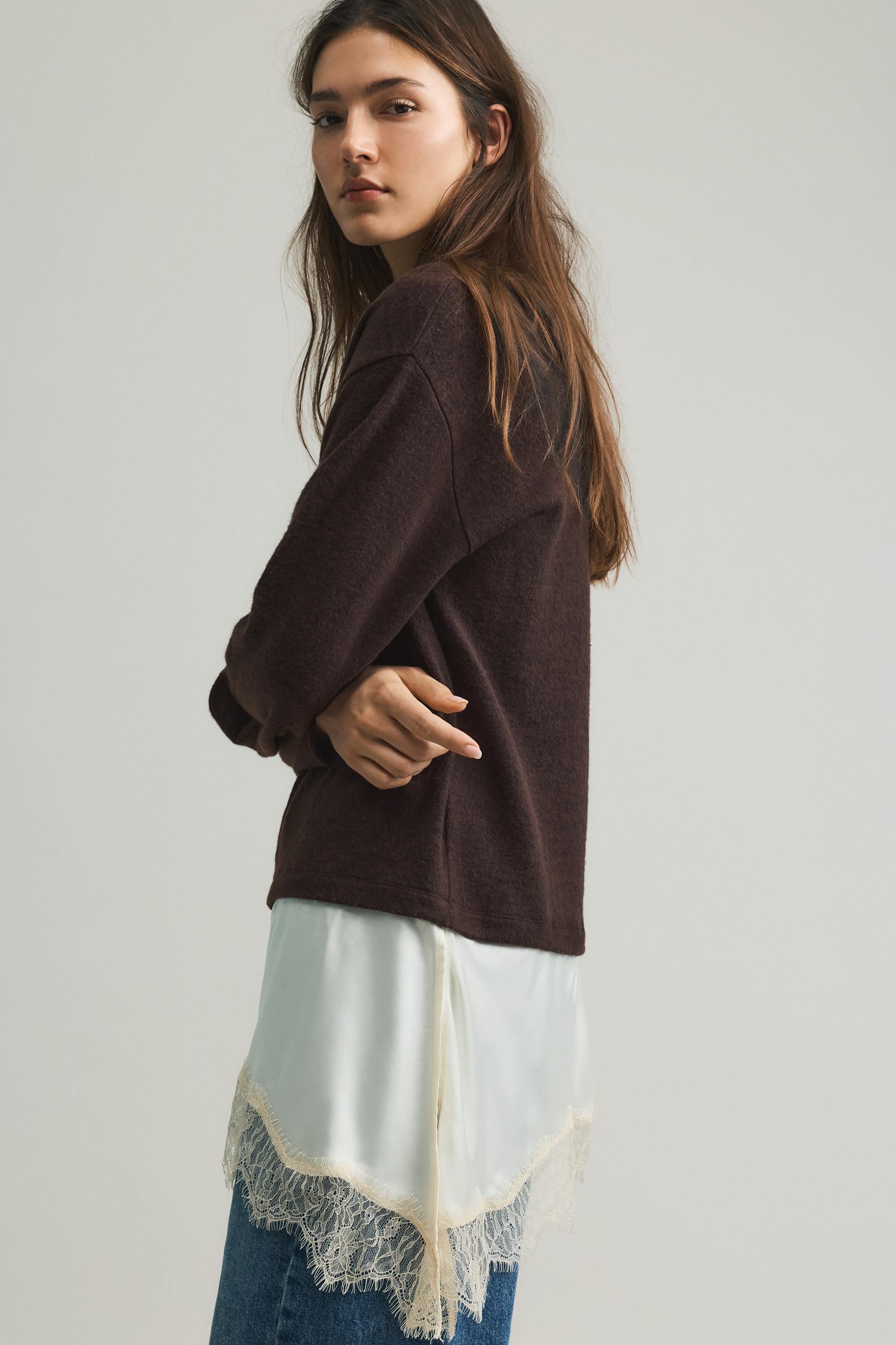 Fine lace combined jumper — Brown