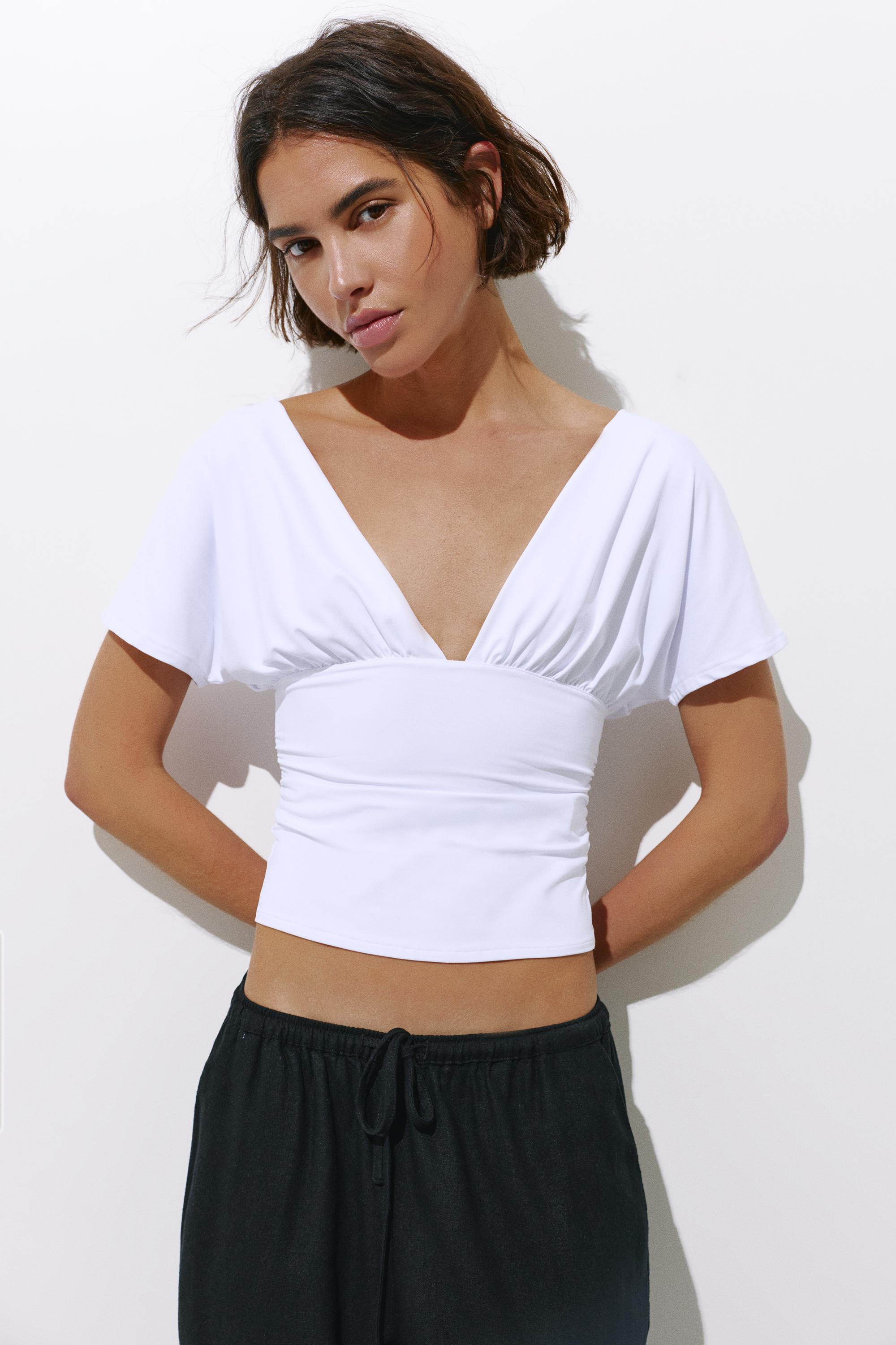 Gathered V-neck top — White