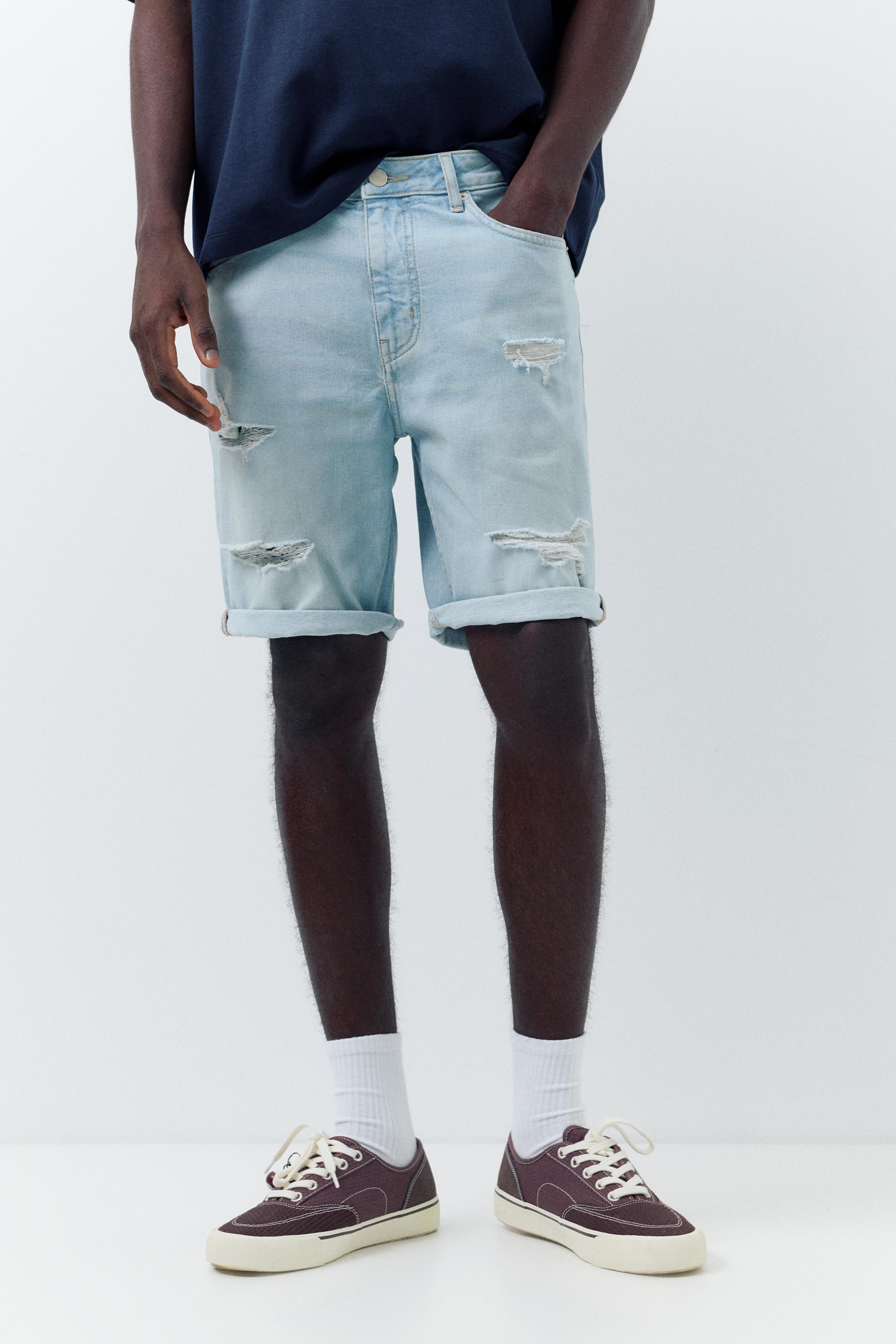 Ripped denim Bermuda shorts — Pale indigo