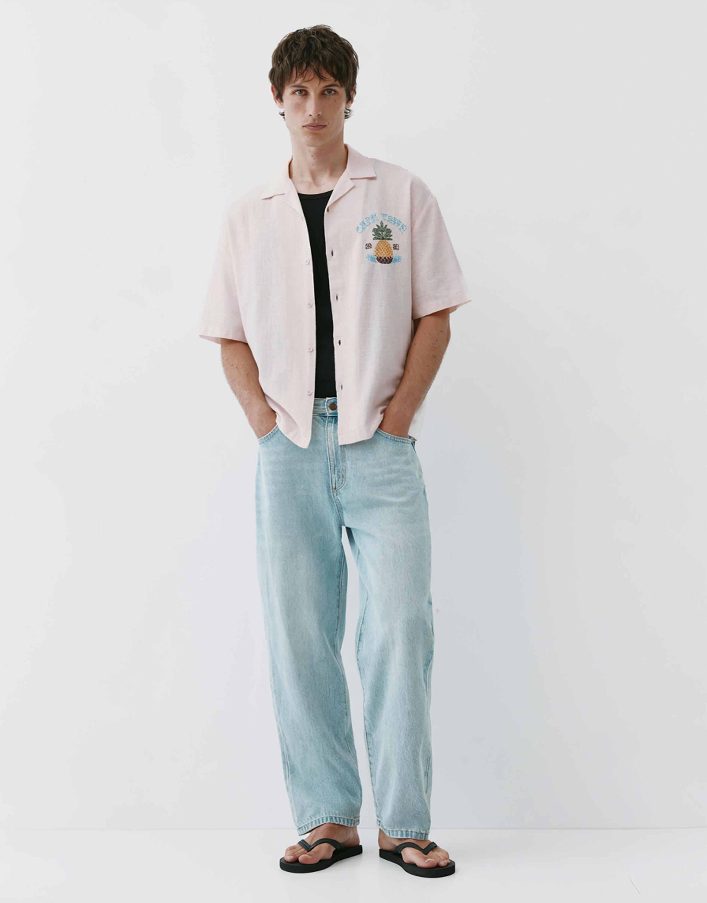 Pineapple embroidery short sleeve shirt — Rose pink