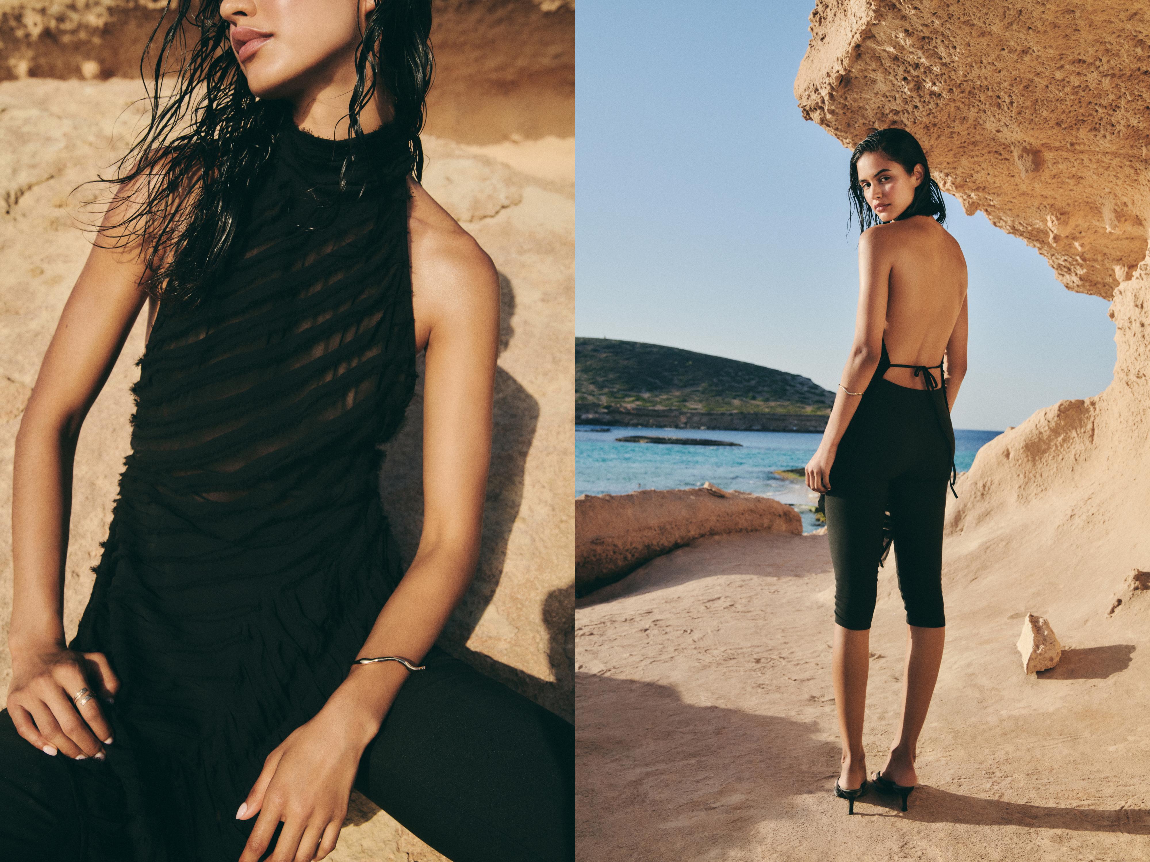 Textured open-back halter top — Black