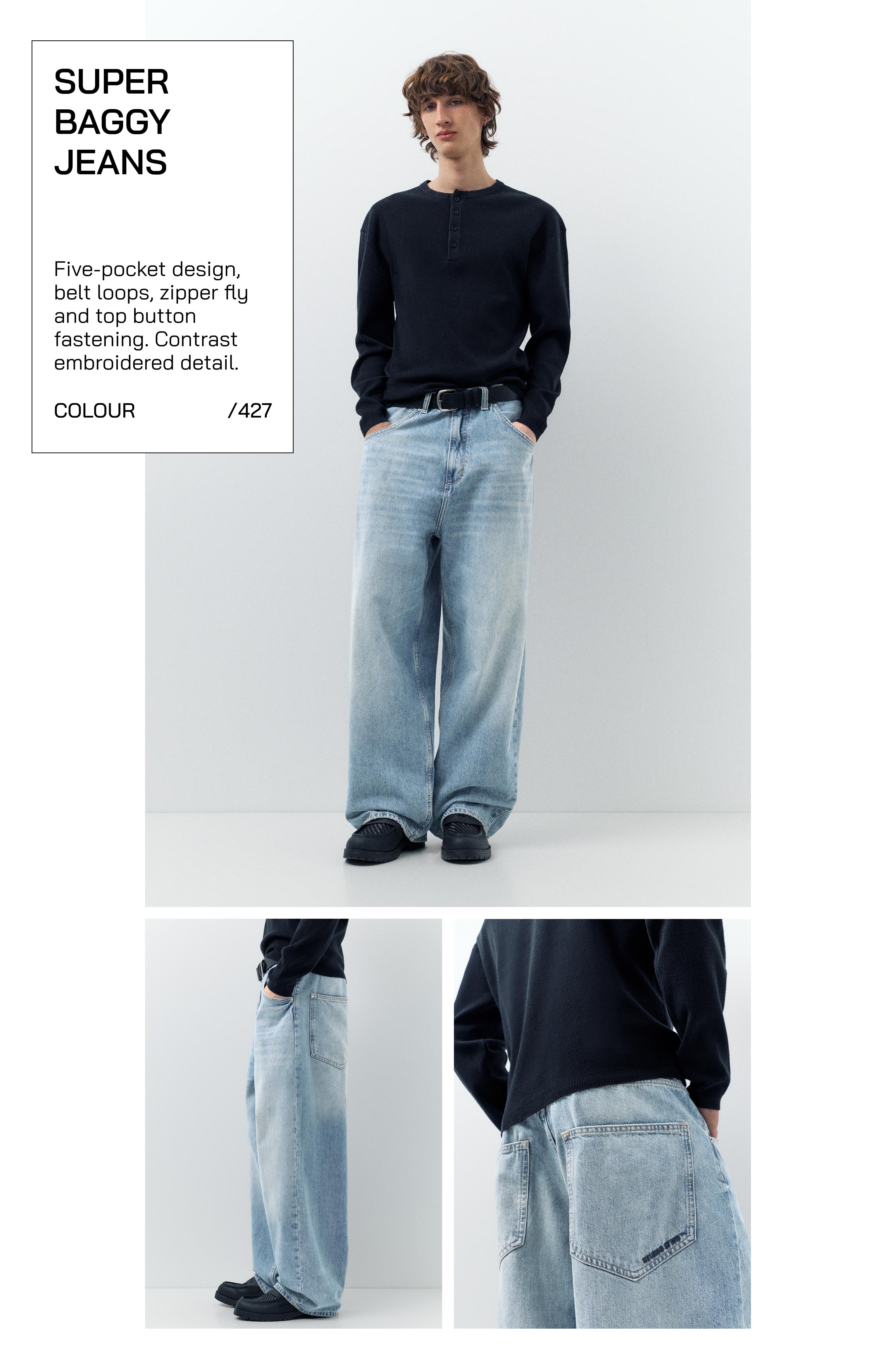 Embroidered super baggy jeans — Medium blue