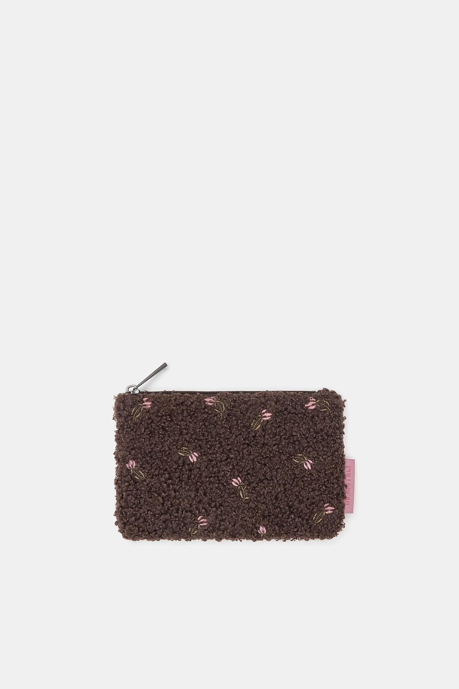 Faux shearling floral wallet — Brown