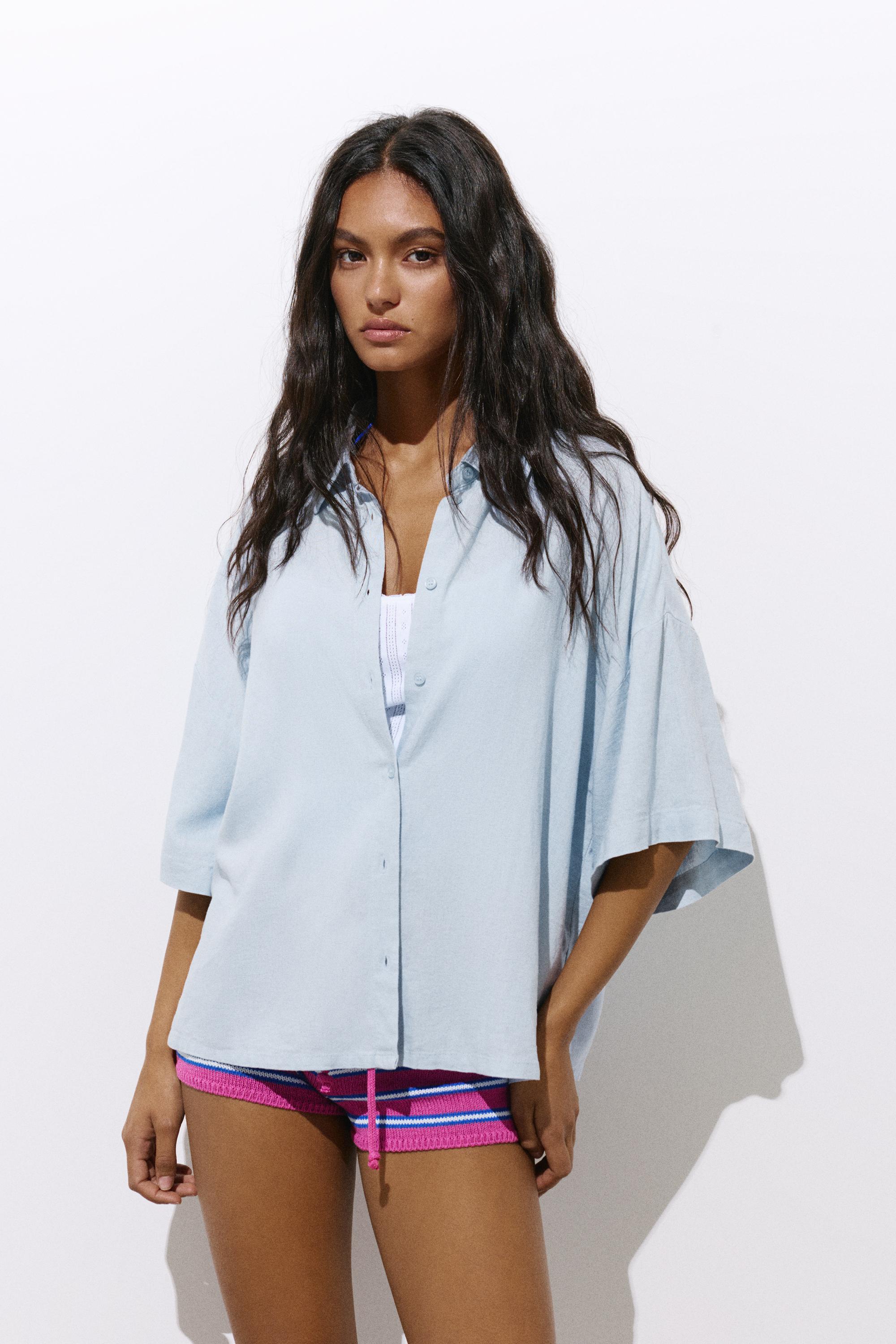Short sleeve linen blend shirt — Sky blue
